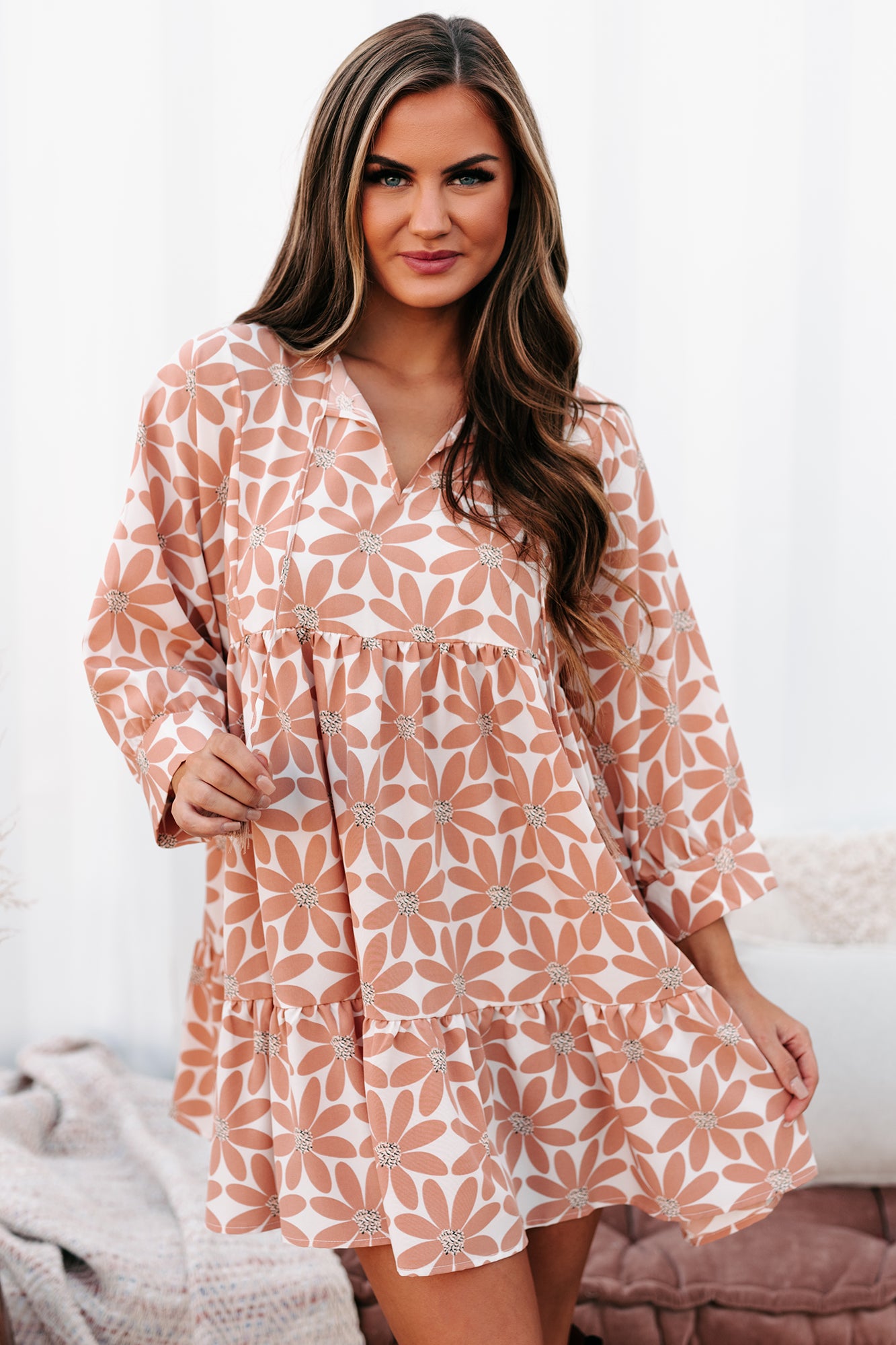 Predictably Sweet Floral Printed Babydoll Dress (Sand/Camel)-The Formal Wear