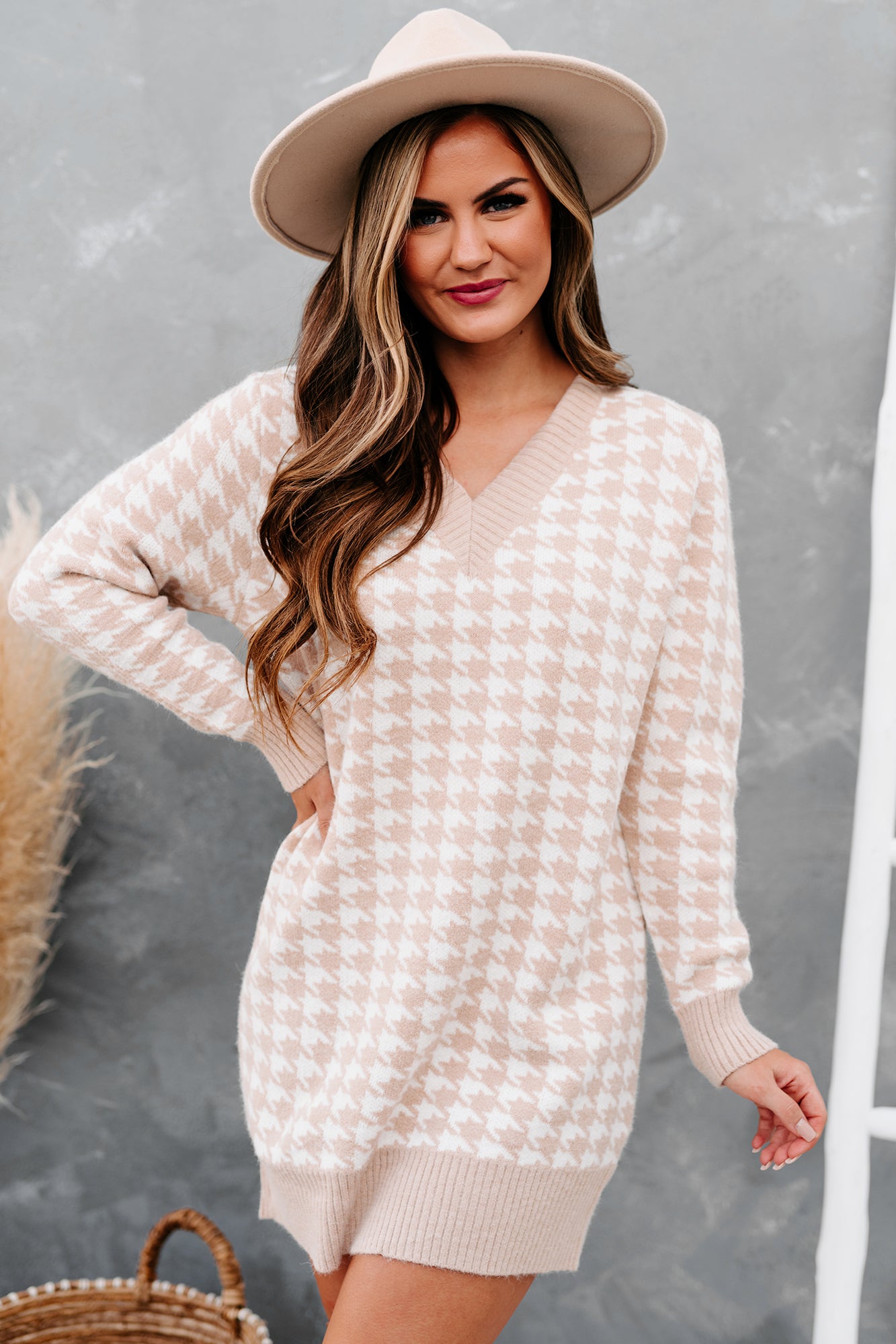Information Overload Houndstooth Sweater Dress (Taupe)-The Formal Wear