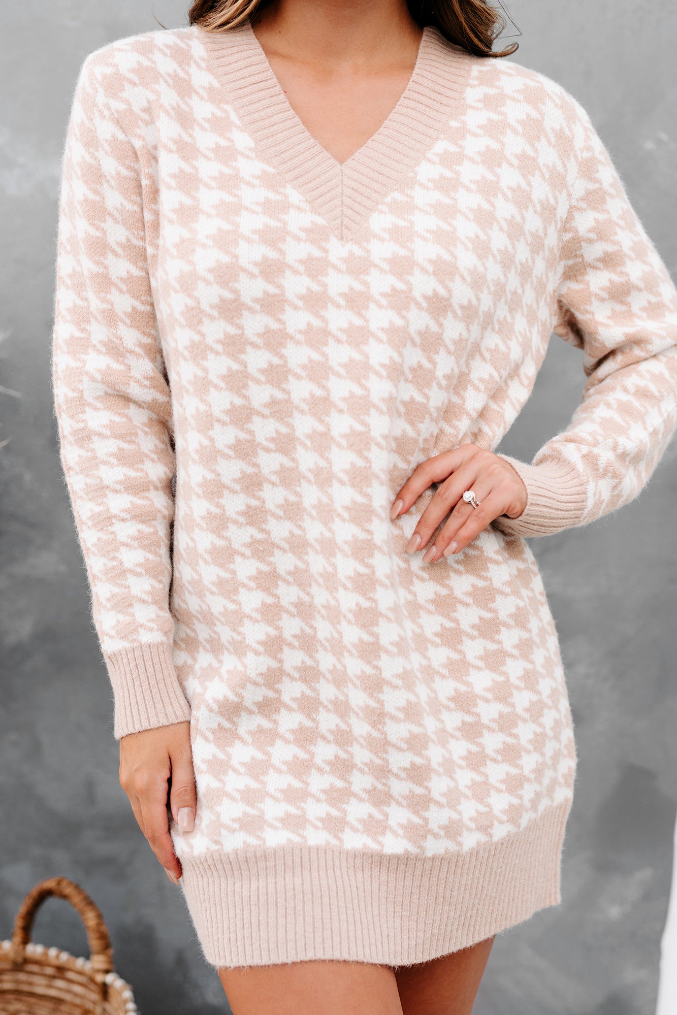 Information Overload Houndstooth Sweater Dress (Taupe)-The Formal Wear