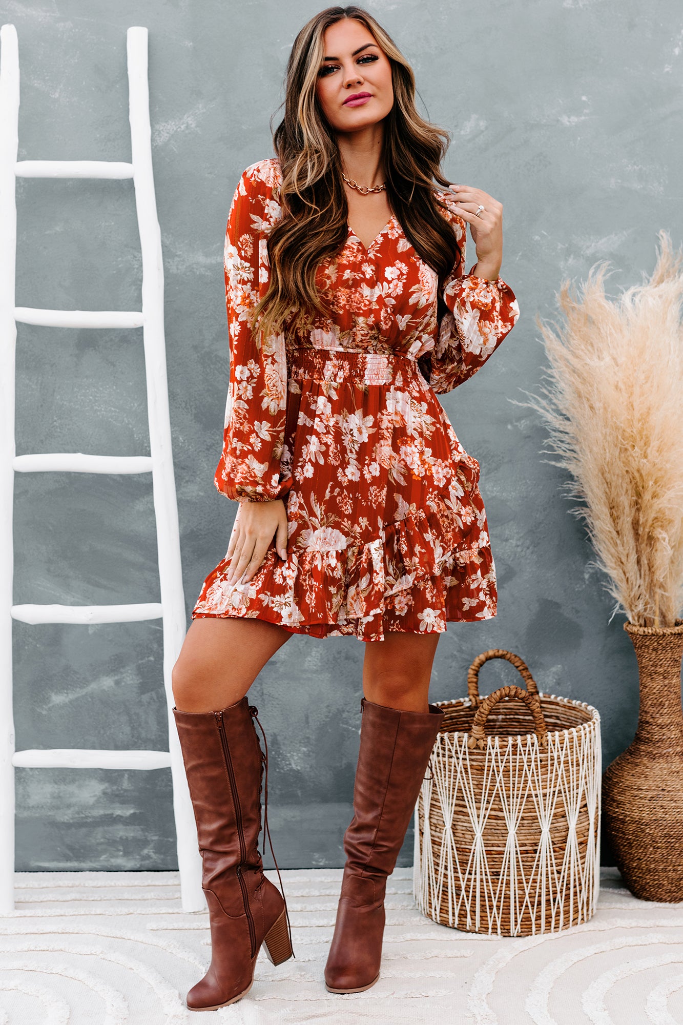 Admired By All Floral Smocked Waist Mini Dress (Rust)-The Formal Wear