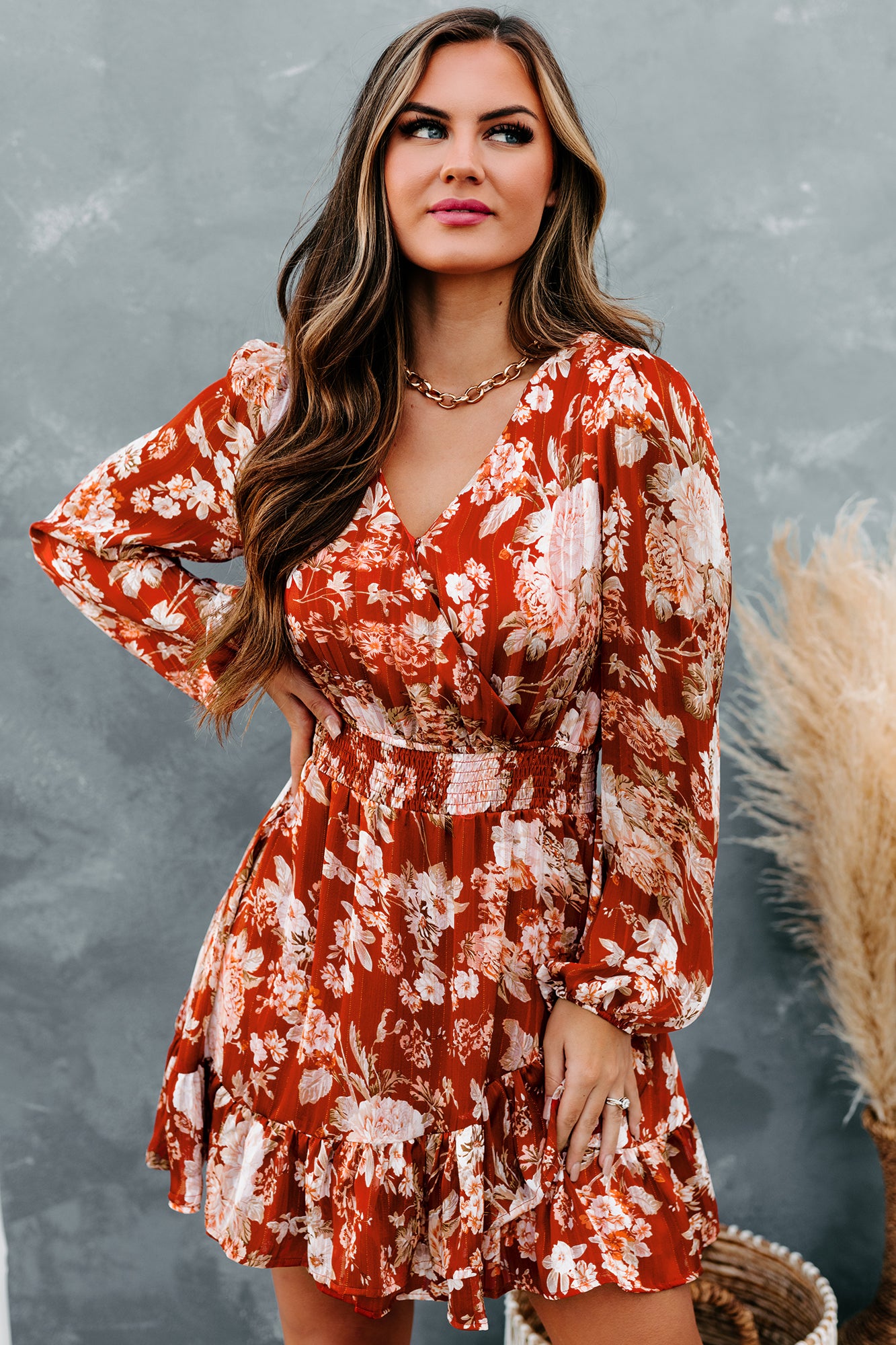 Admired By All Floral Smocked Waist Mini Dress (Rust)-The Formal Wear