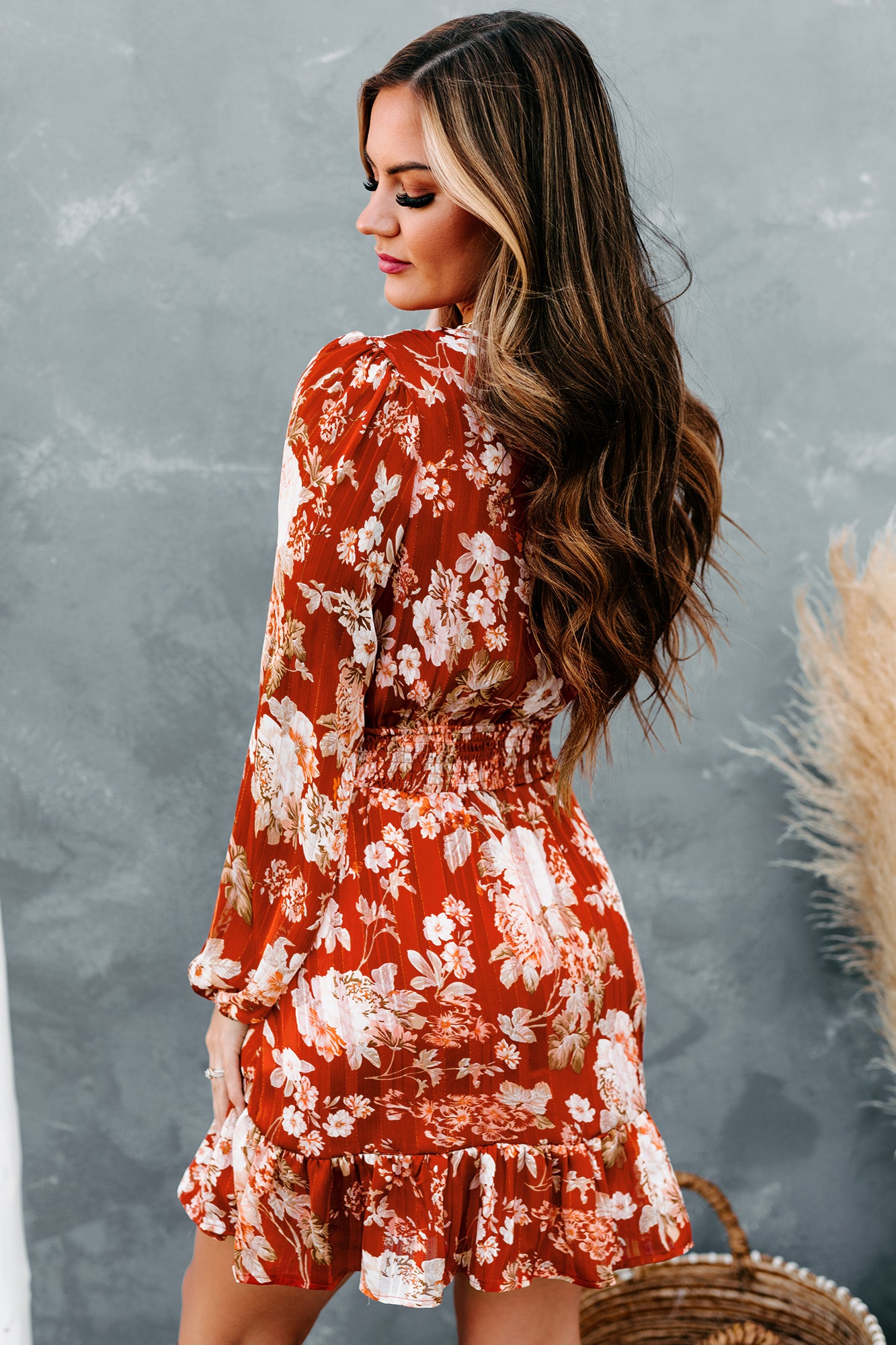 Admired By All Floral Smocked Waist Mini Dress (Rust)-The Formal Wear