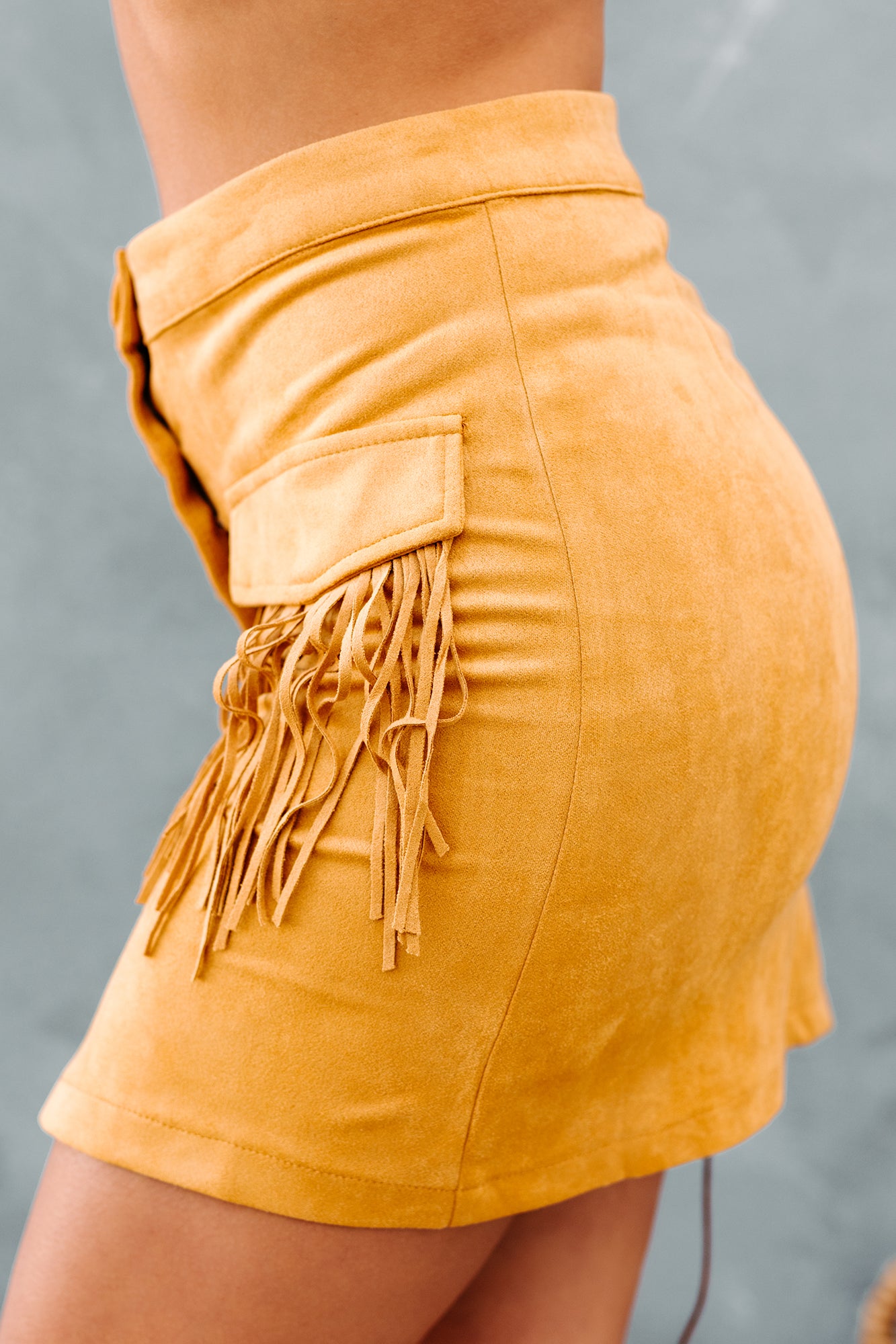 Rodeo Queen Faux Suede Fringe Mini Skirt (Mustard)-The Formal Wear