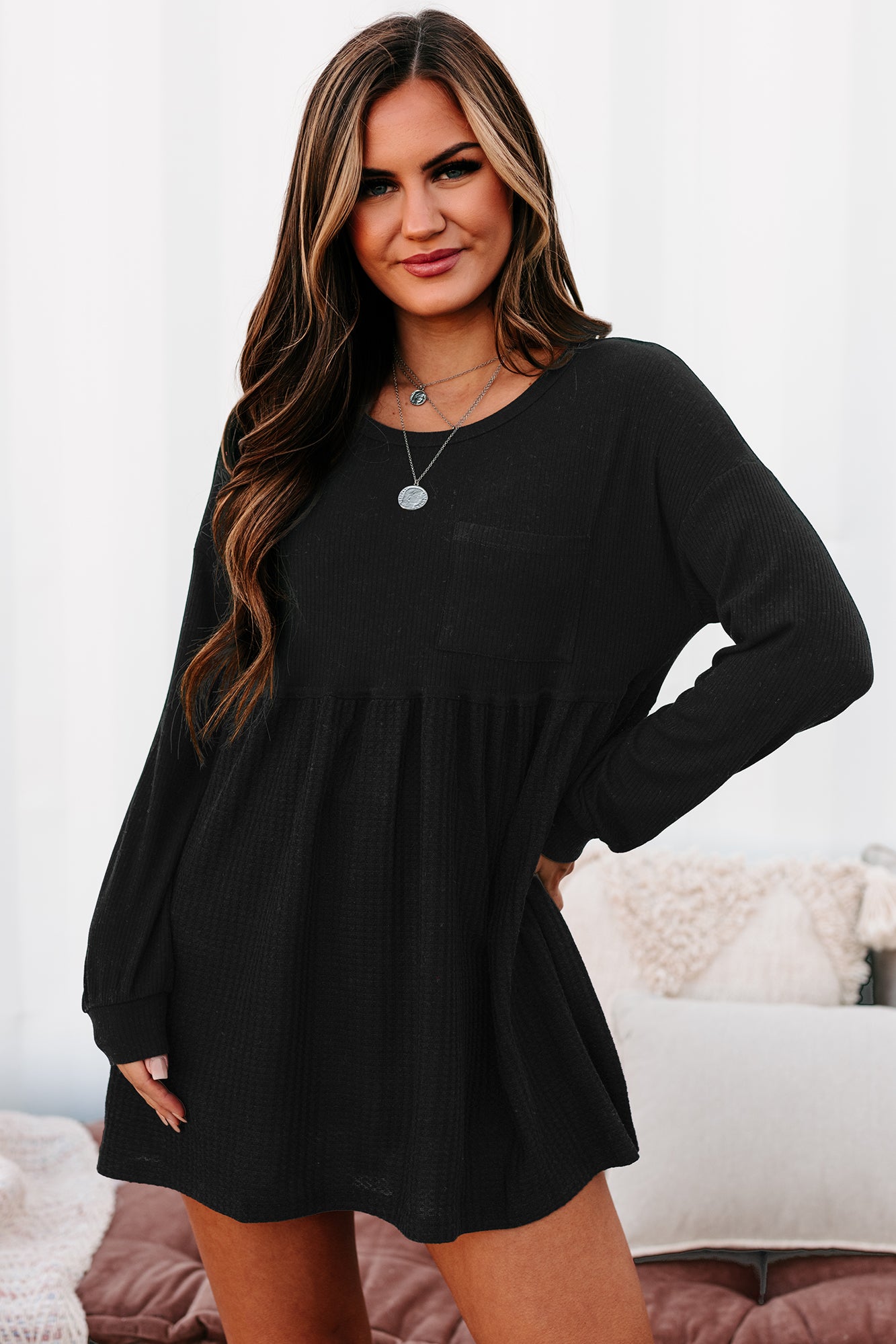 Lively Spirit Mixed Knit Tunic Top (Black)-The Formal Wear