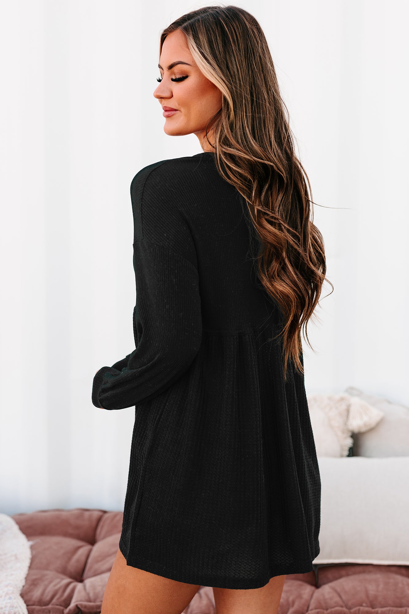 Lively Spirit Mixed Knit Tunic Top (Black)-The Formal Wear