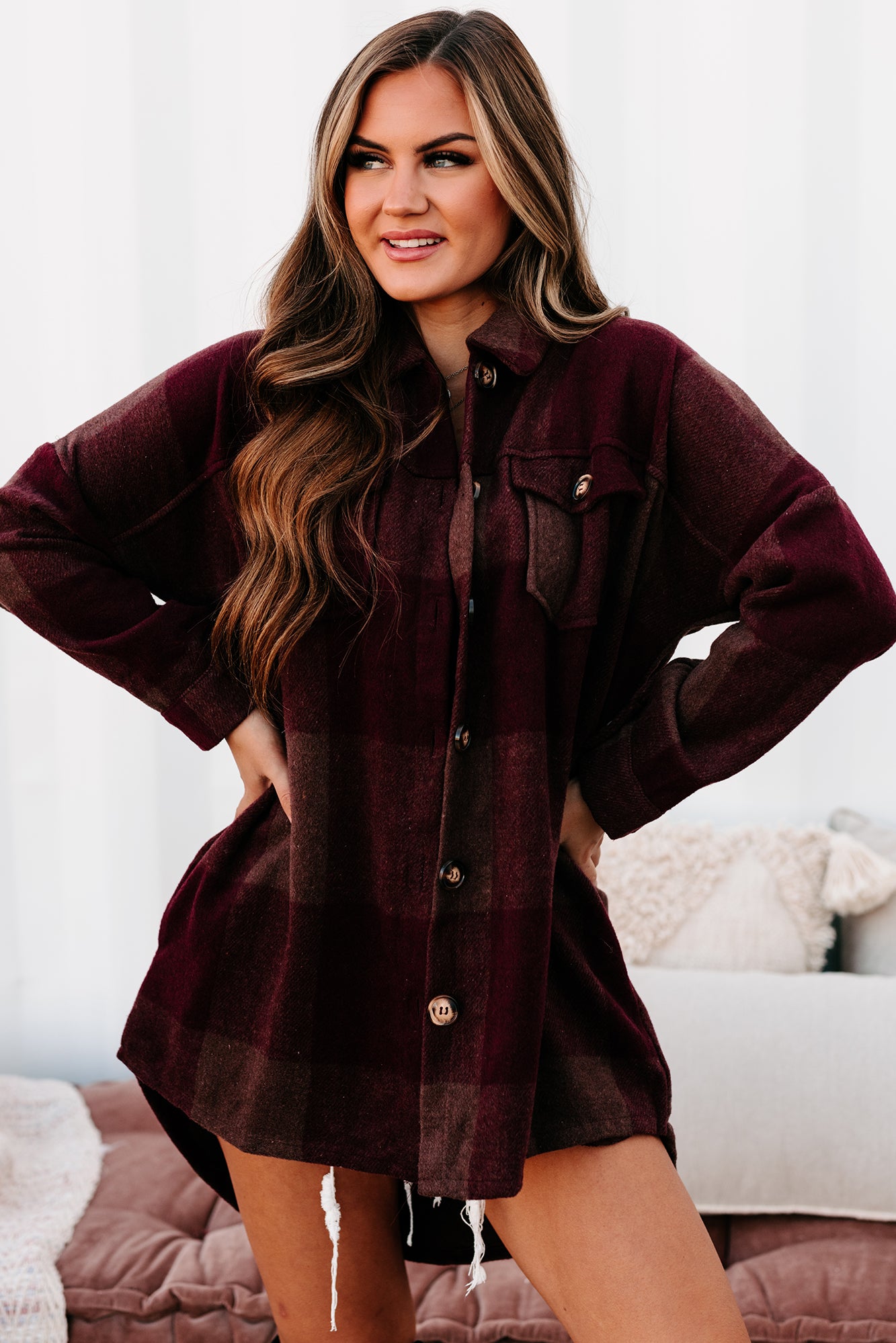 Autumn Destiny Oversized Plaid Shacket (Wine)-The Formal Wear