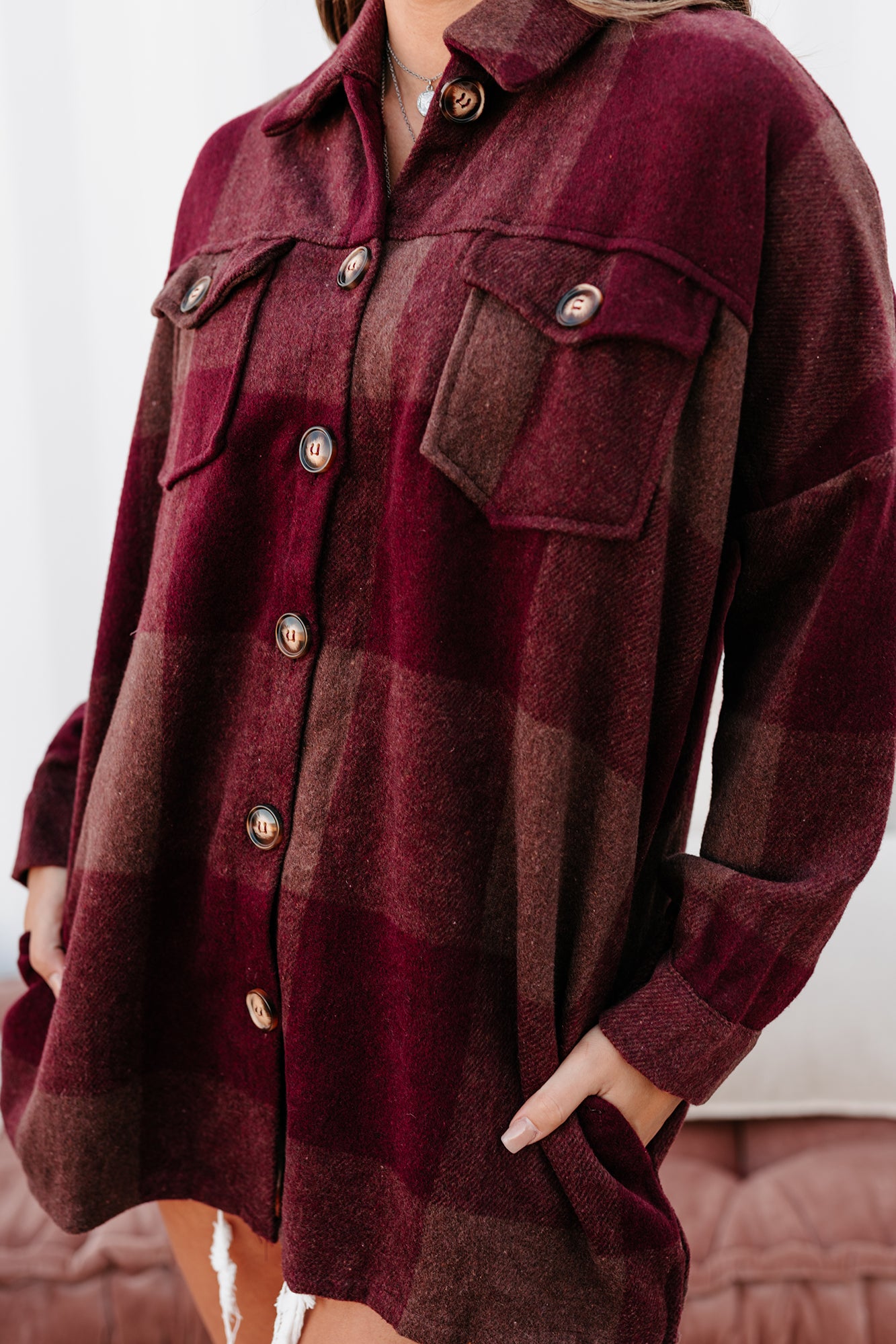 Autumn Destiny Oversized Plaid Shacket (Wine)-The Formal Wear