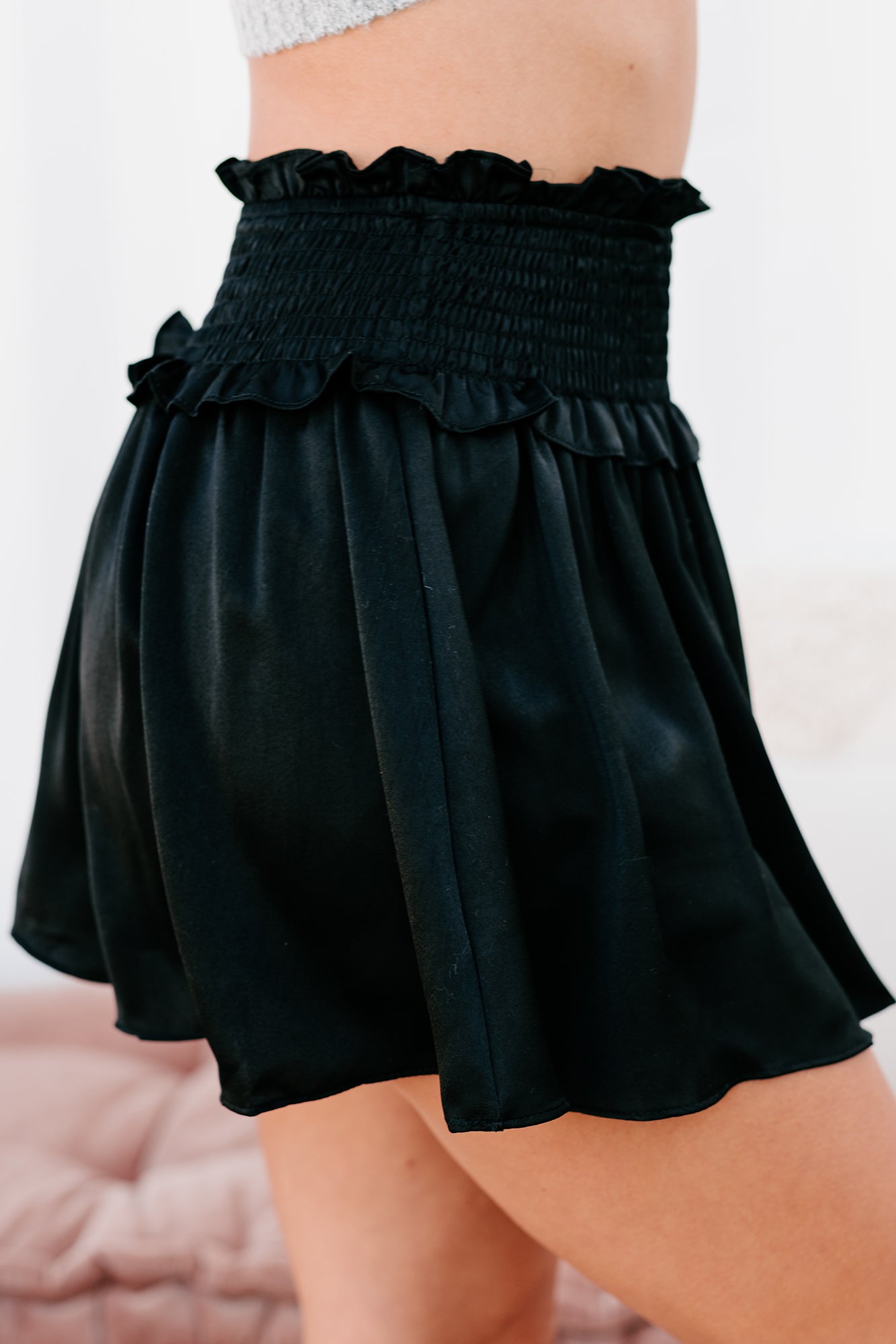 Catch Me There Smocked Satin Skort (Black)-The Formal Wear