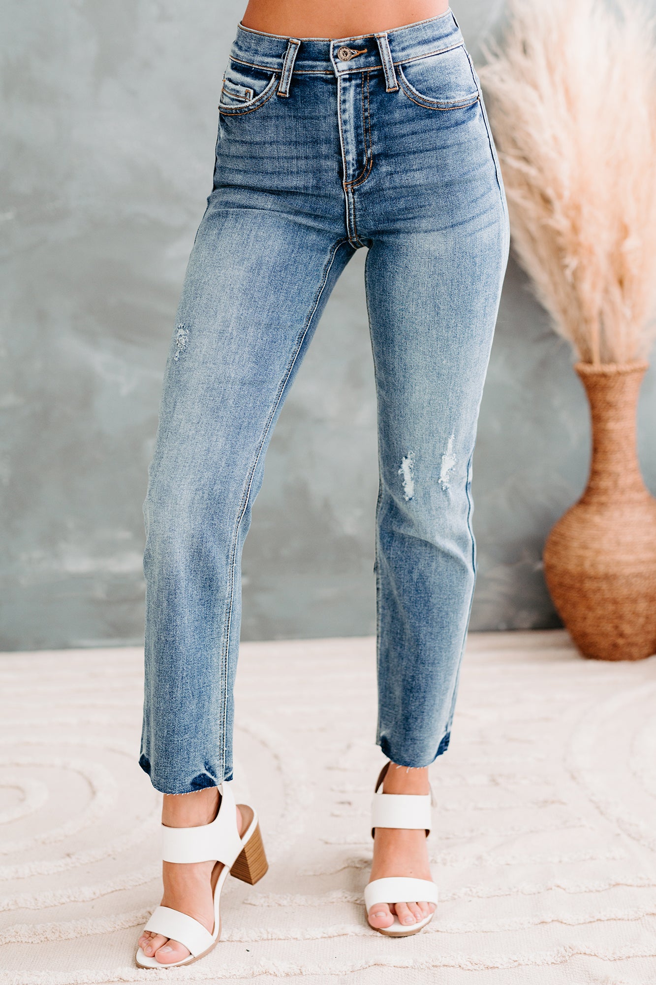 Della High Rise Straight Leg Distressed Sneak Peek Jeans (Medium Light)-The Formal Wear