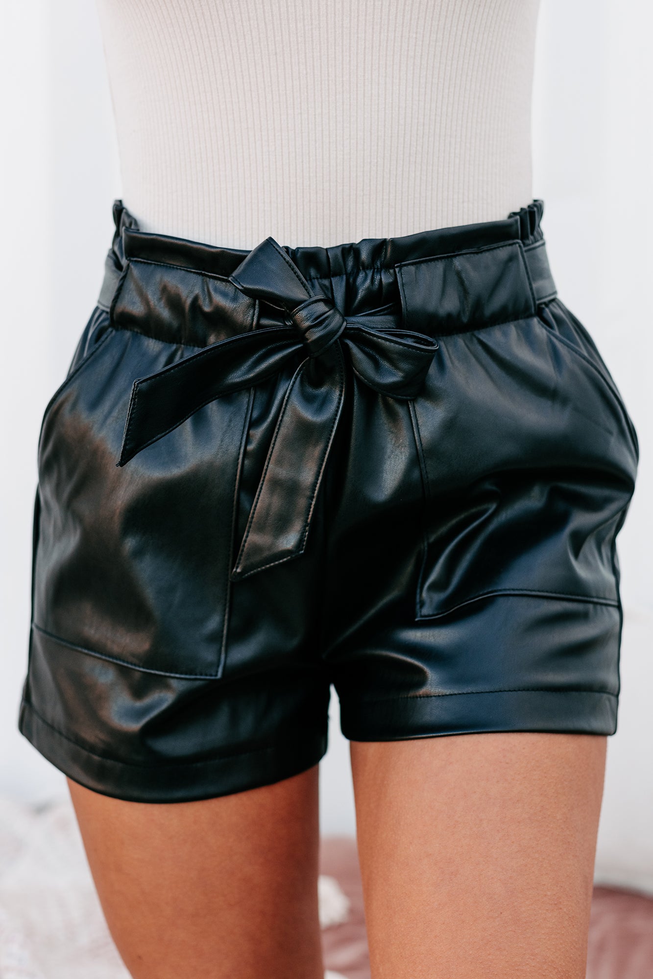 ASKING FOR TROUBLE FAUX LEATHER PAPERBAG WAIST SHORTS (BLACK)-The Formal Wear