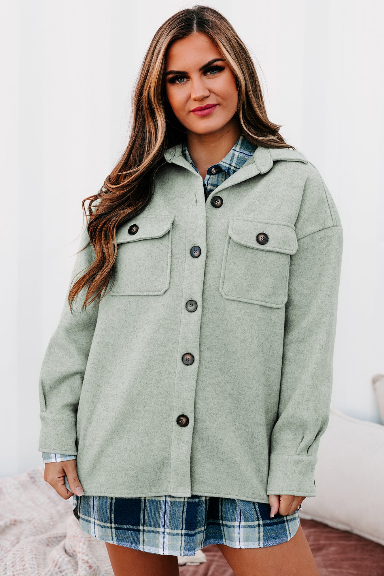Fall Classic Felt Woven Button Down Shacket (Light Sage)-The Formal Wear