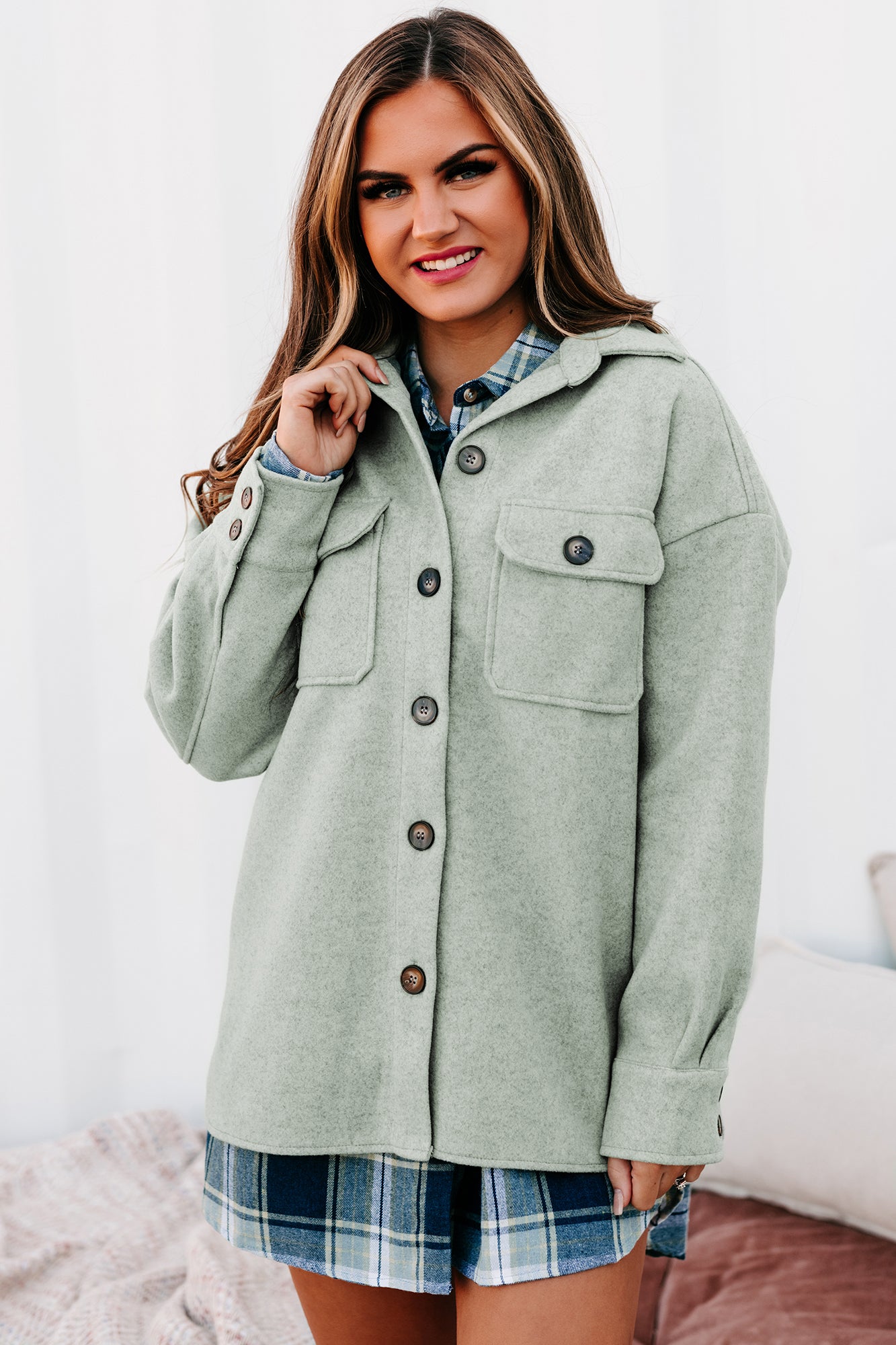 Fall Classic Felt Woven Button Down Shacket (Light Sage)-The Formal Wear