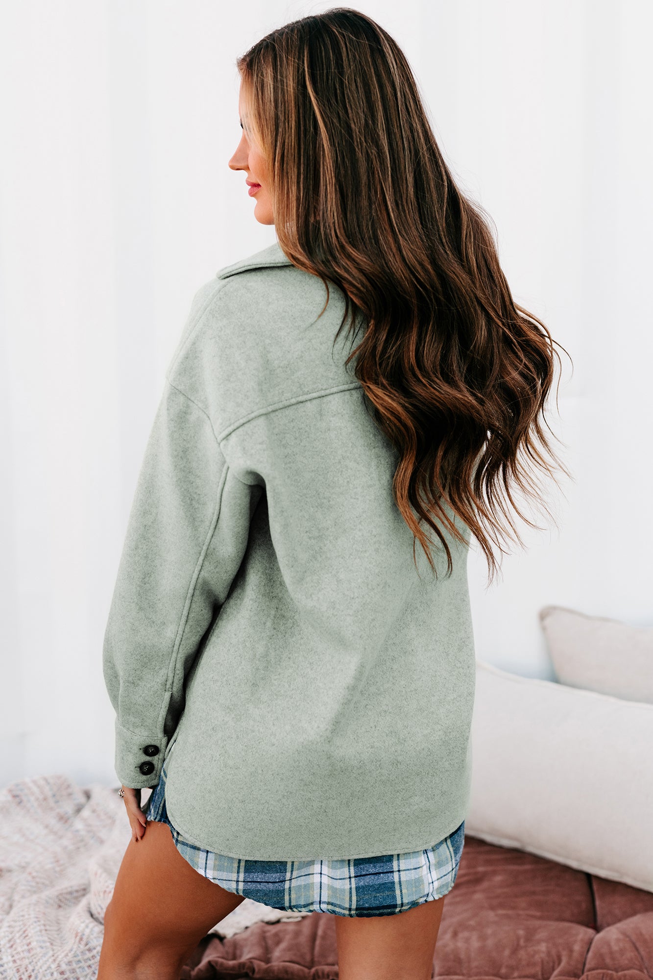 Fall Classic Felt Woven Button Down Shacket (Light Sage)-The Formal Wear