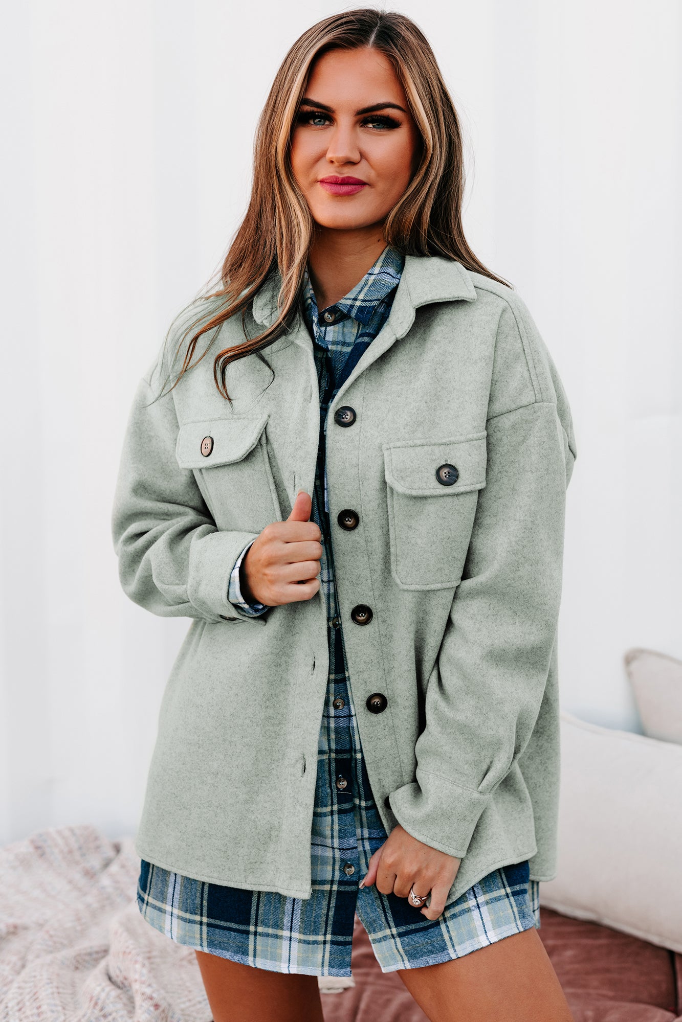 Fall Classic Felt Woven Button Down Shacket (Light Sage)-The Formal Wear