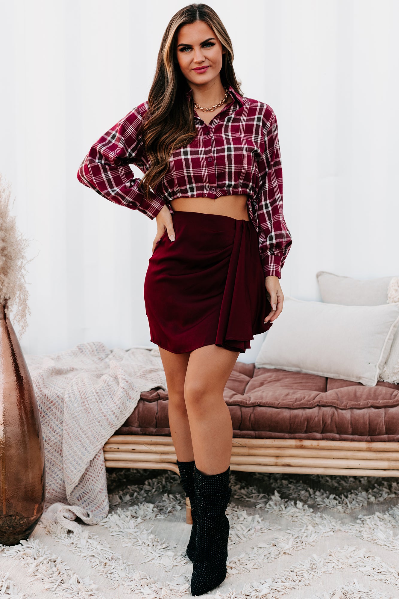 Merlot On My Mind Satin Mini Skirt (Wine)-The Formal Wear