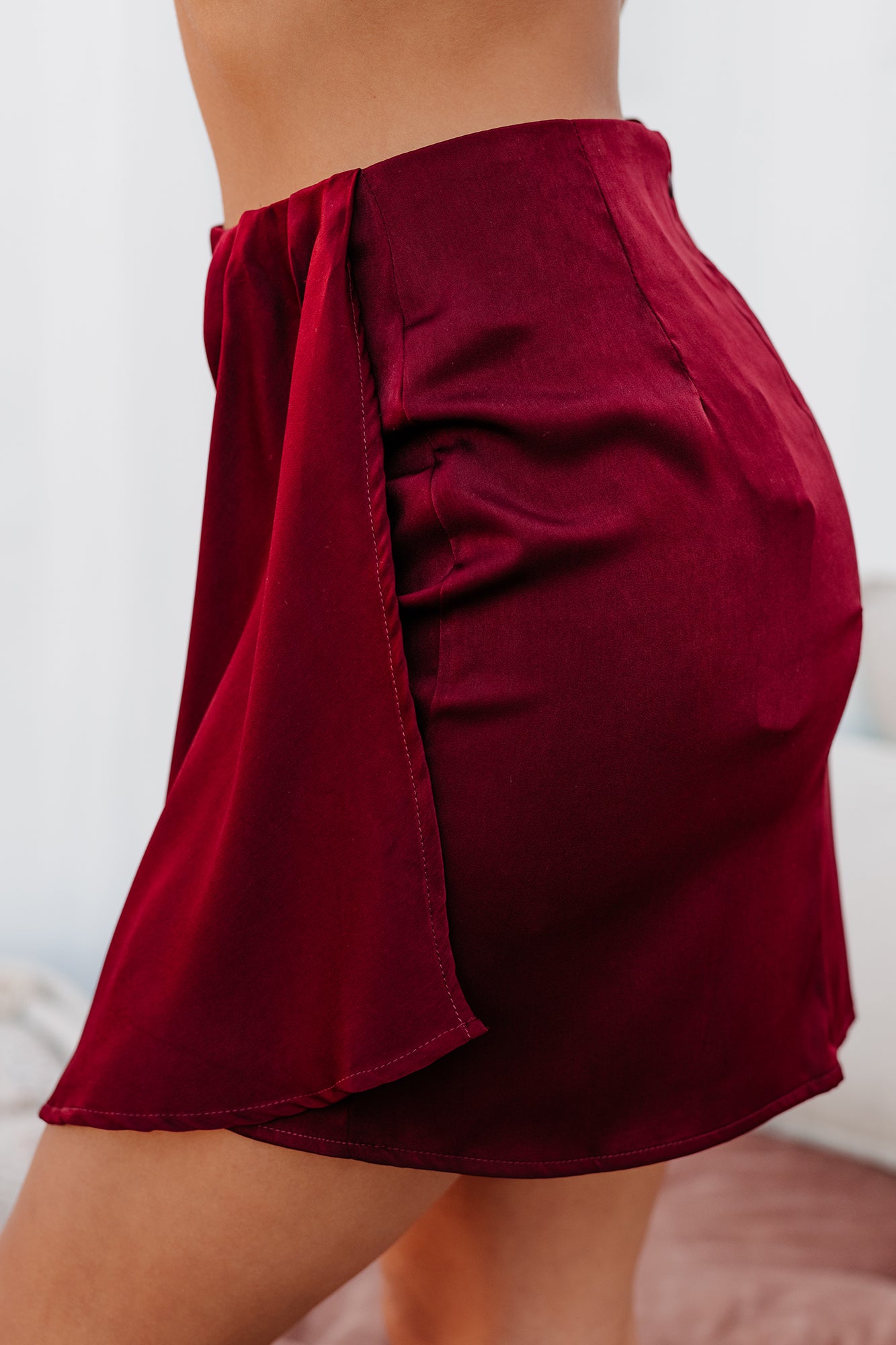 Merlot On My Mind Satin Mini Skirt (Wine)-The Formal Wear