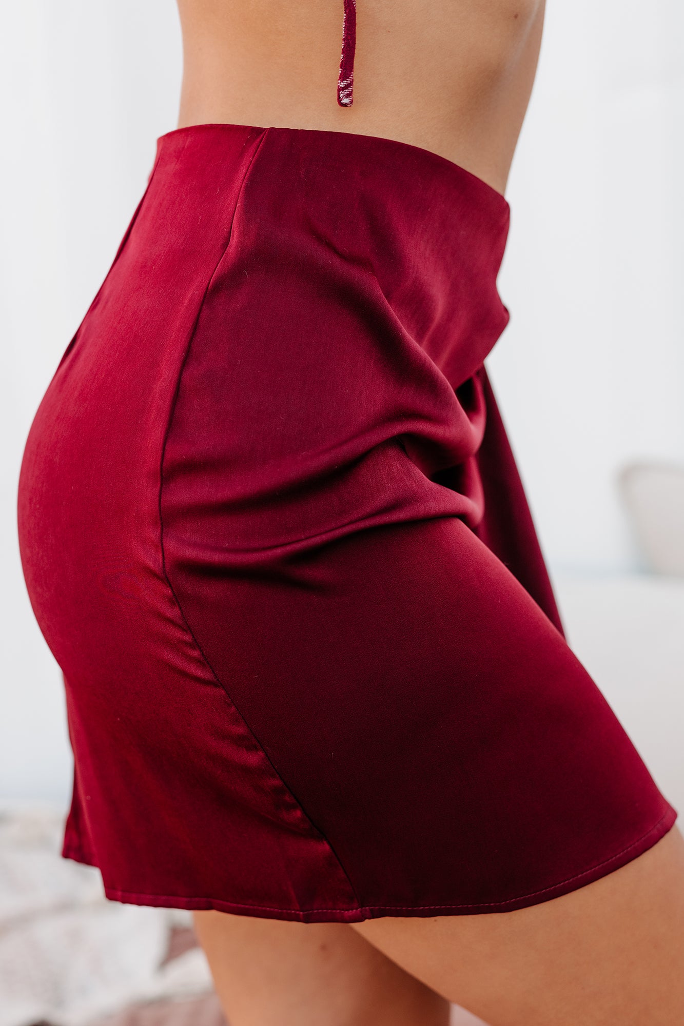 Merlot On My Mind Satin Mini Skirt (Wine)-The Formal Wear