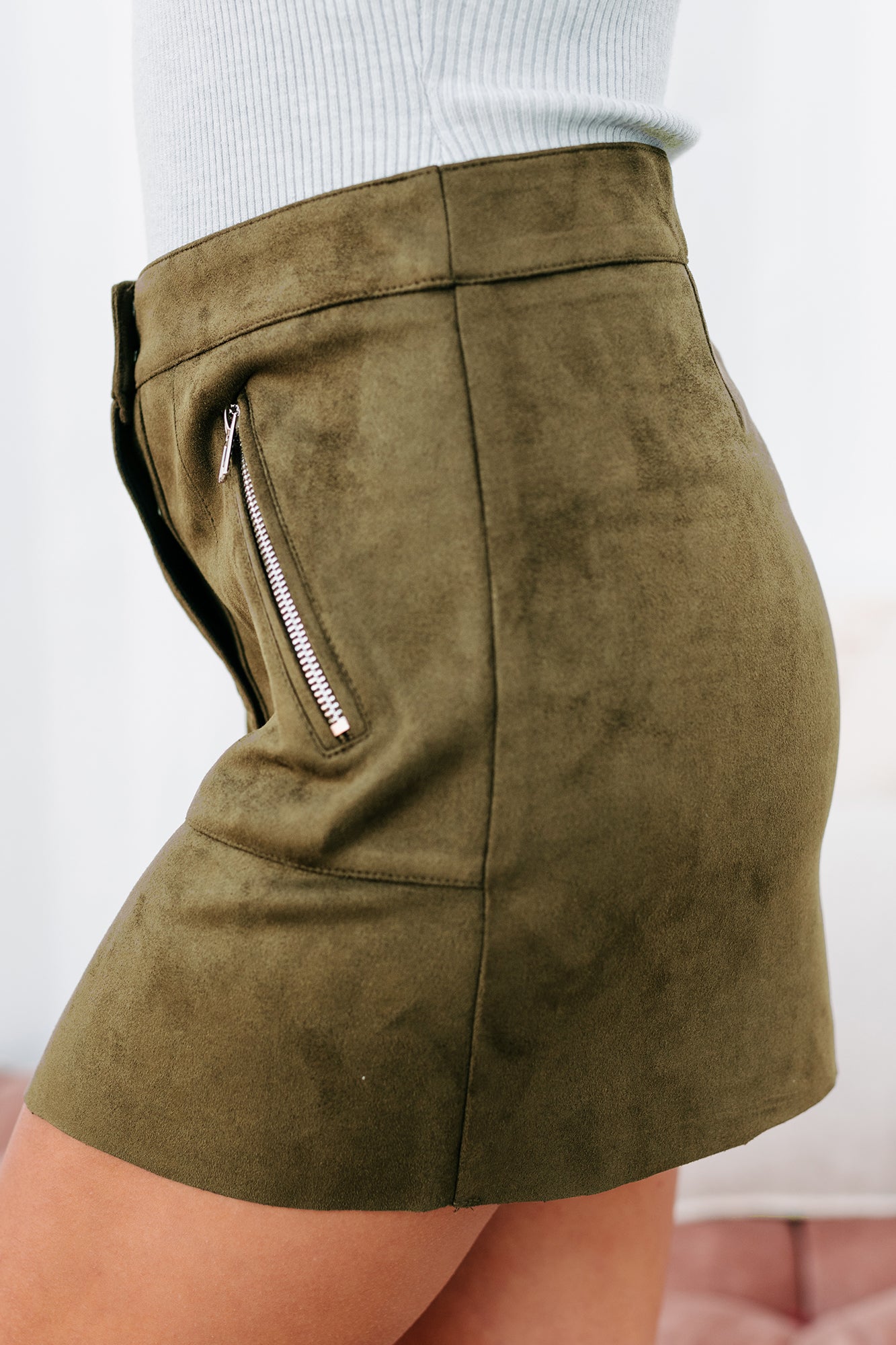 Contagiously Happy Button-Front Faux Suede Mini Skirt (Olive)-The Formal Wear
