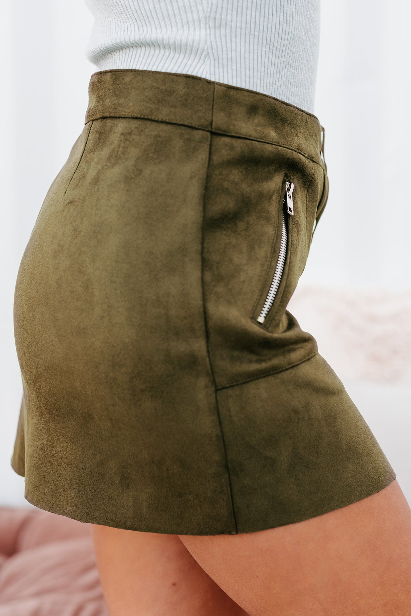 Contagiously Happy Button-Front Faux Suede Mini Skirt (Olive)-The Formal Wear