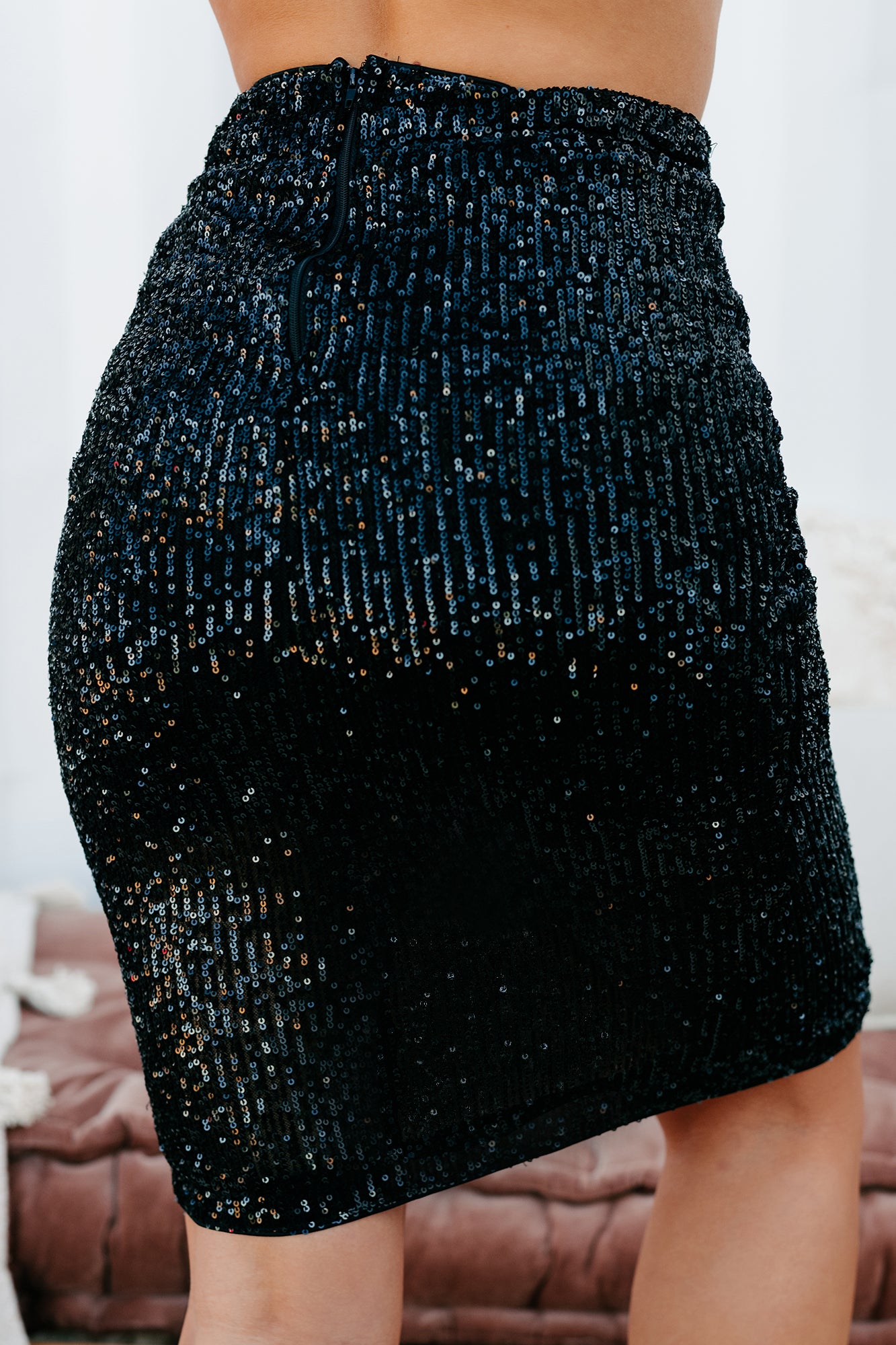 Prop The Prosecco Ruched Sequin Midi Skirt (Black)-The Formal Wear