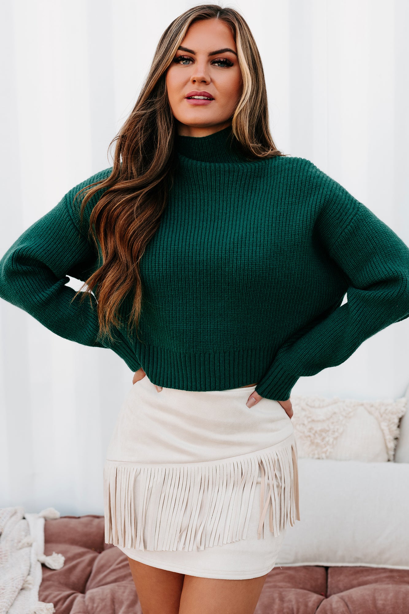 Francesca Cropped Mock Neck Sweater (Deep Green)-The Formal Wear