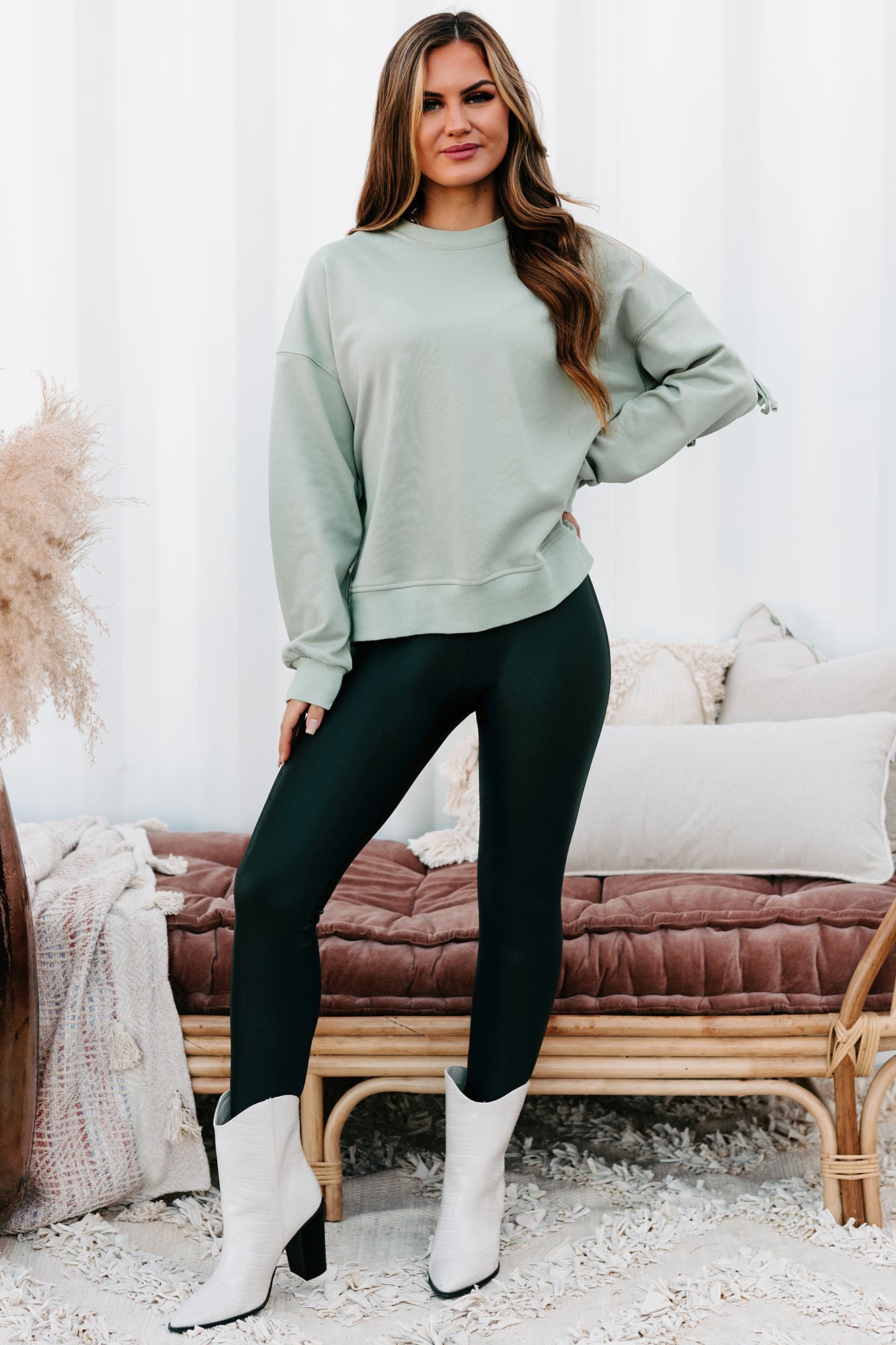 Best Case Scenario Fringe Back Sweatshirt (Sage)-The Formal Wear