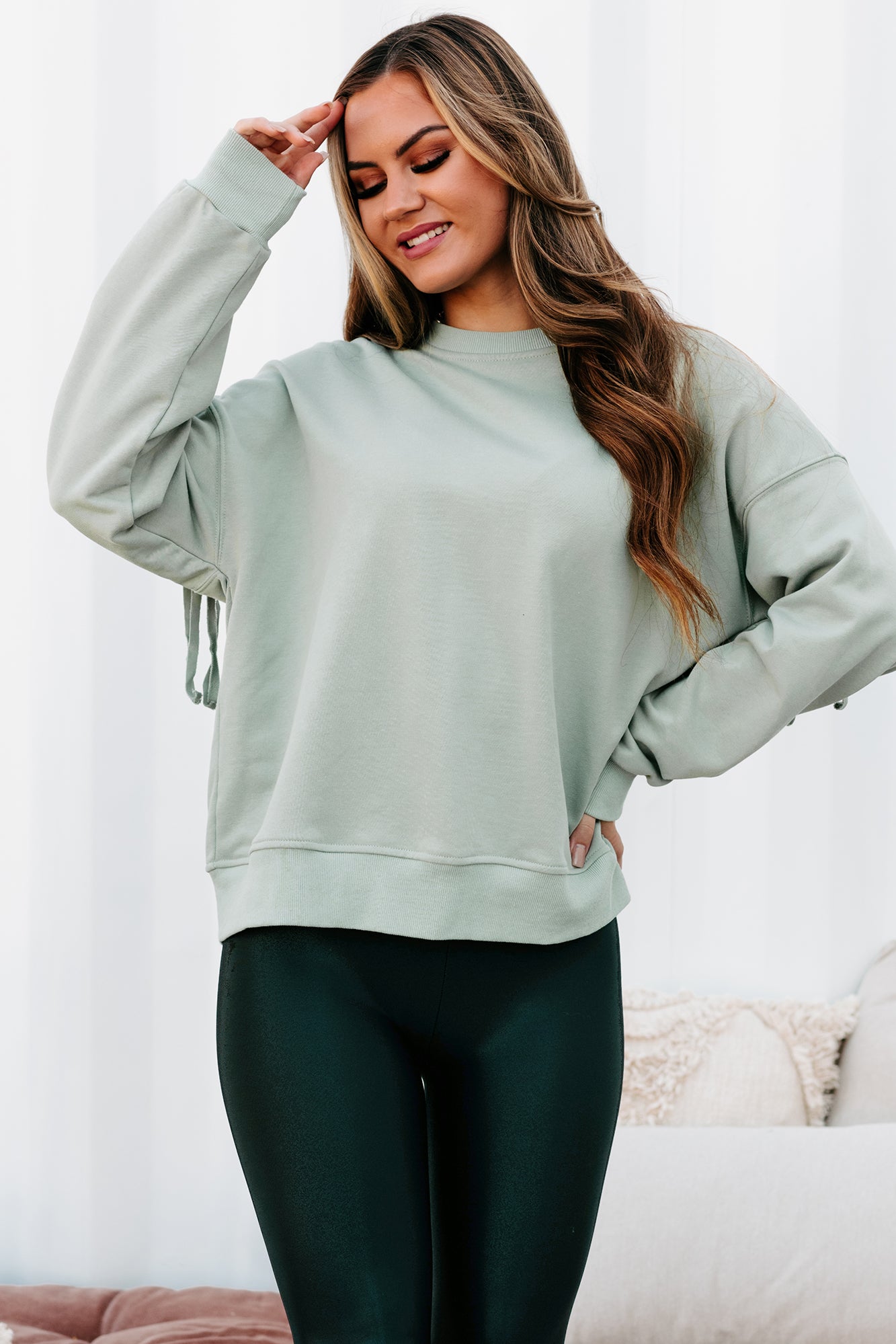 Best Case Scenario Fringe Back Sweatshirt (Sage)-The Formal Wear