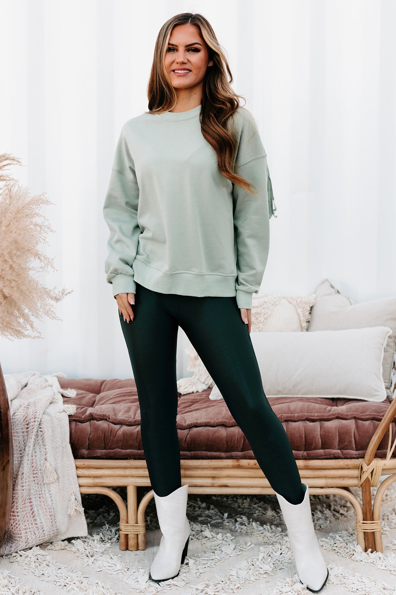 Best Case Scenario Fringe Back Sweatshirt (Sage)-The Formal Wear