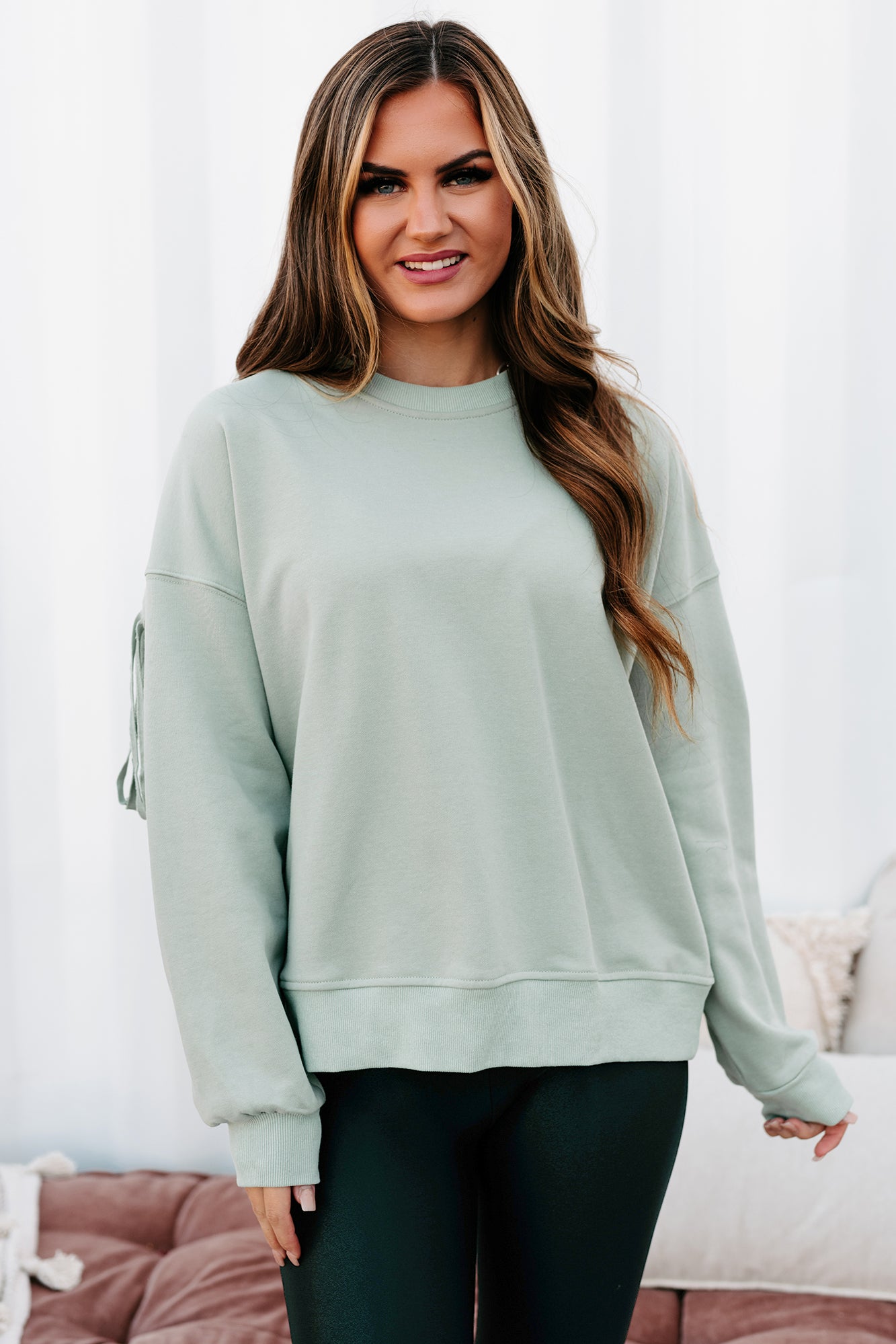 Best Case Scenario Fringe Back Sweatshirt (Sage)-The Formal Wear