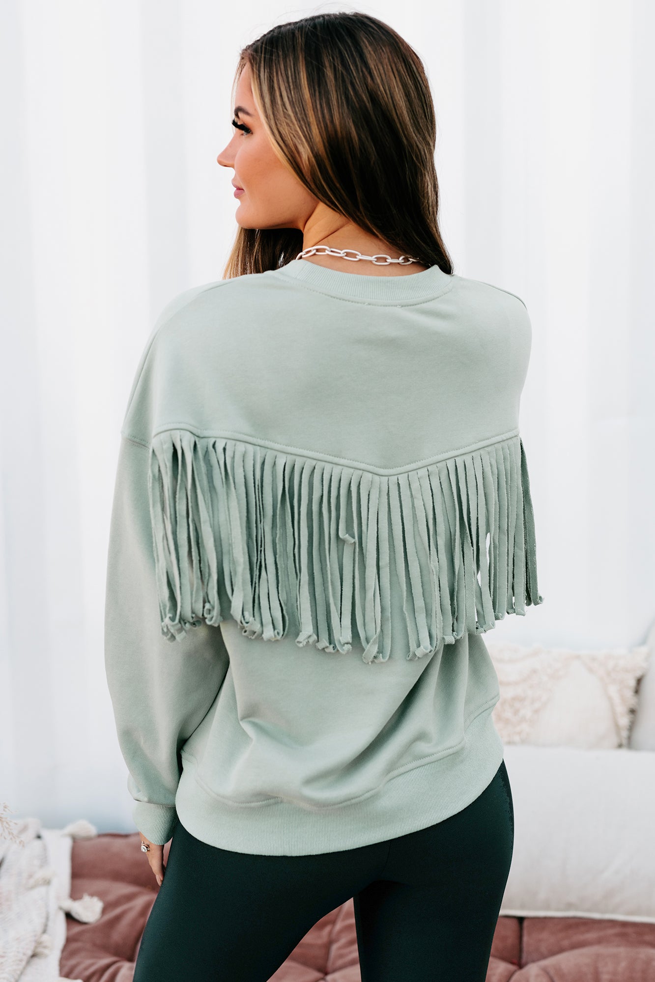 Best Case Scenario Fringe Back Sweatshirt (Sage)-The Formal Wear