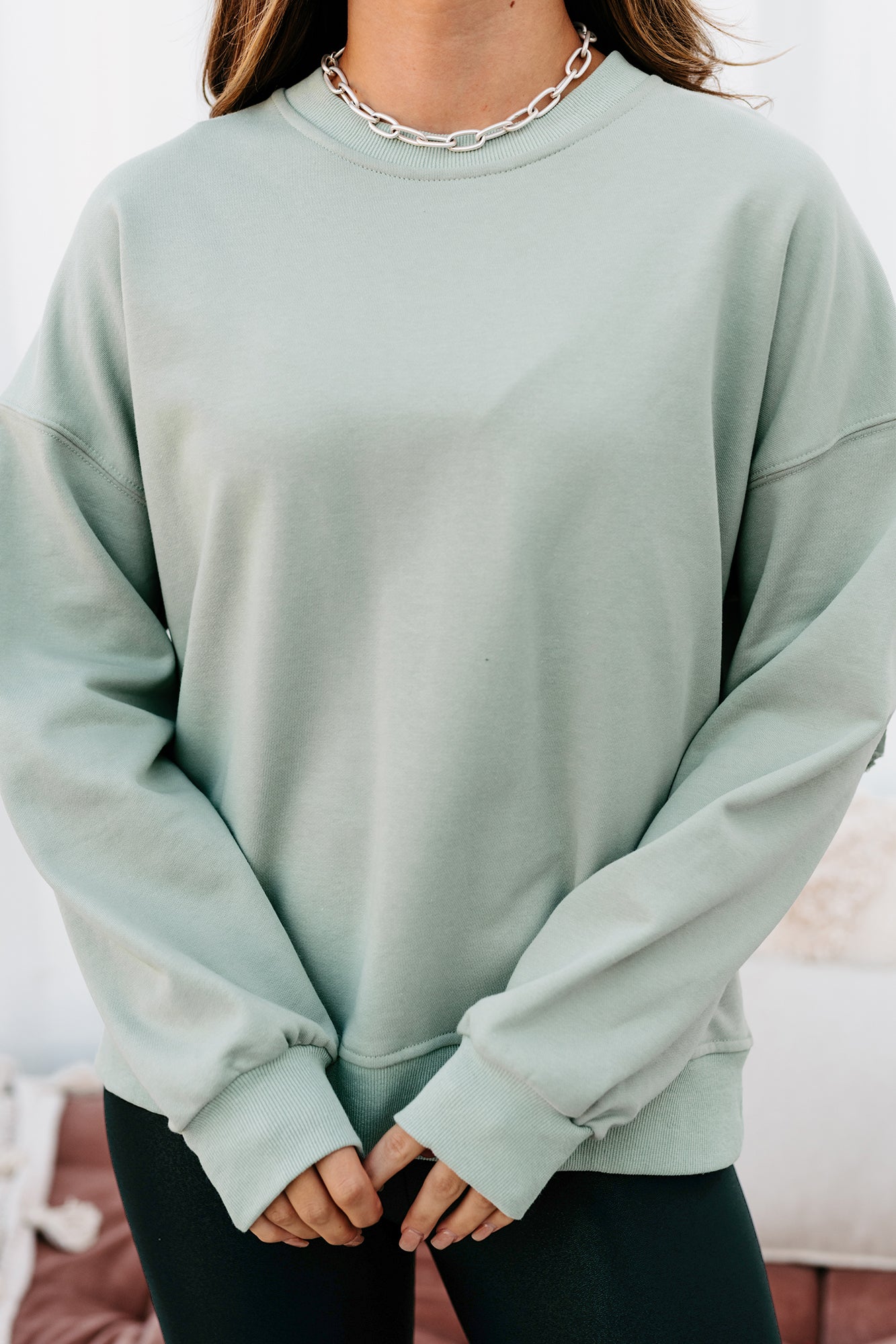 Best Case Scenario Fringe Back Sweatshirt (Sage)-The Formal Wear