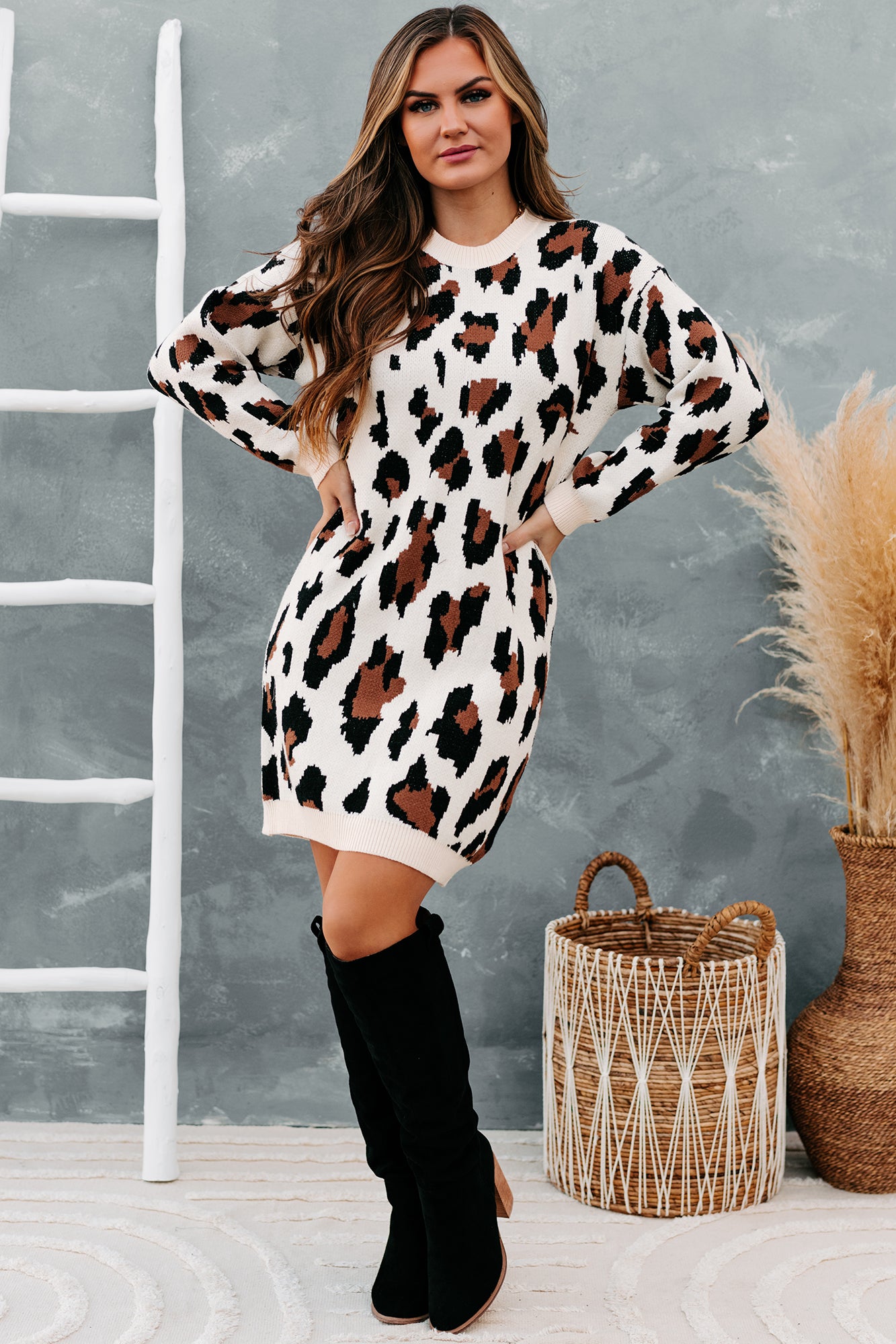 Cattitude Adjustment Leopard Print Sweater Dress (Cream Multi)-The Formal Wear
