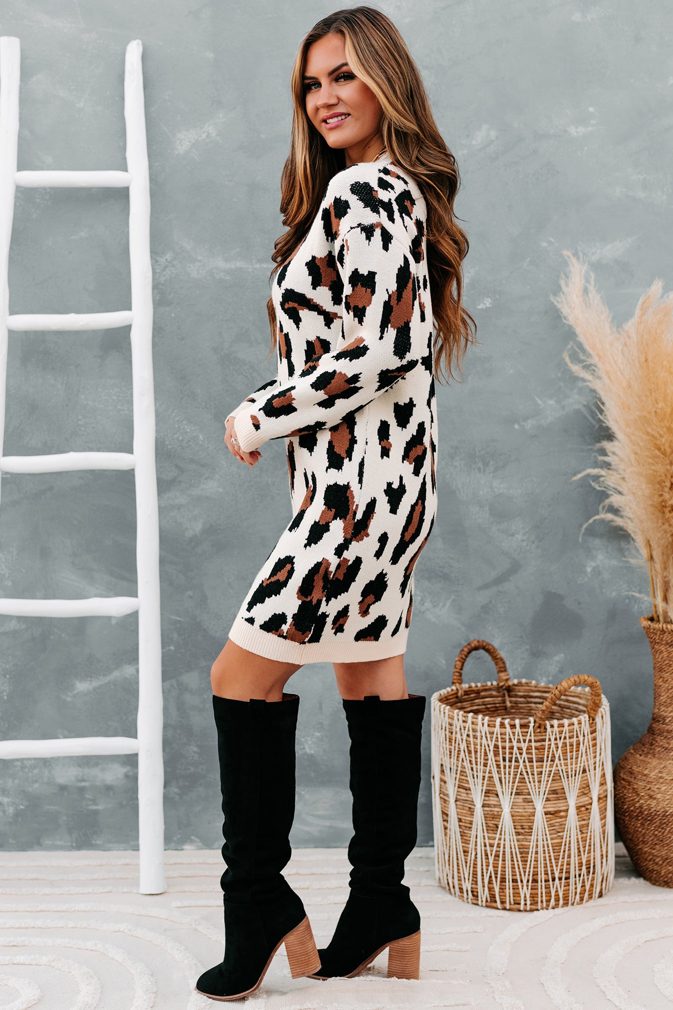 Cattitude Adjustment Leopard Print Sweater Dress (Cream Multi)-The Formal Wear