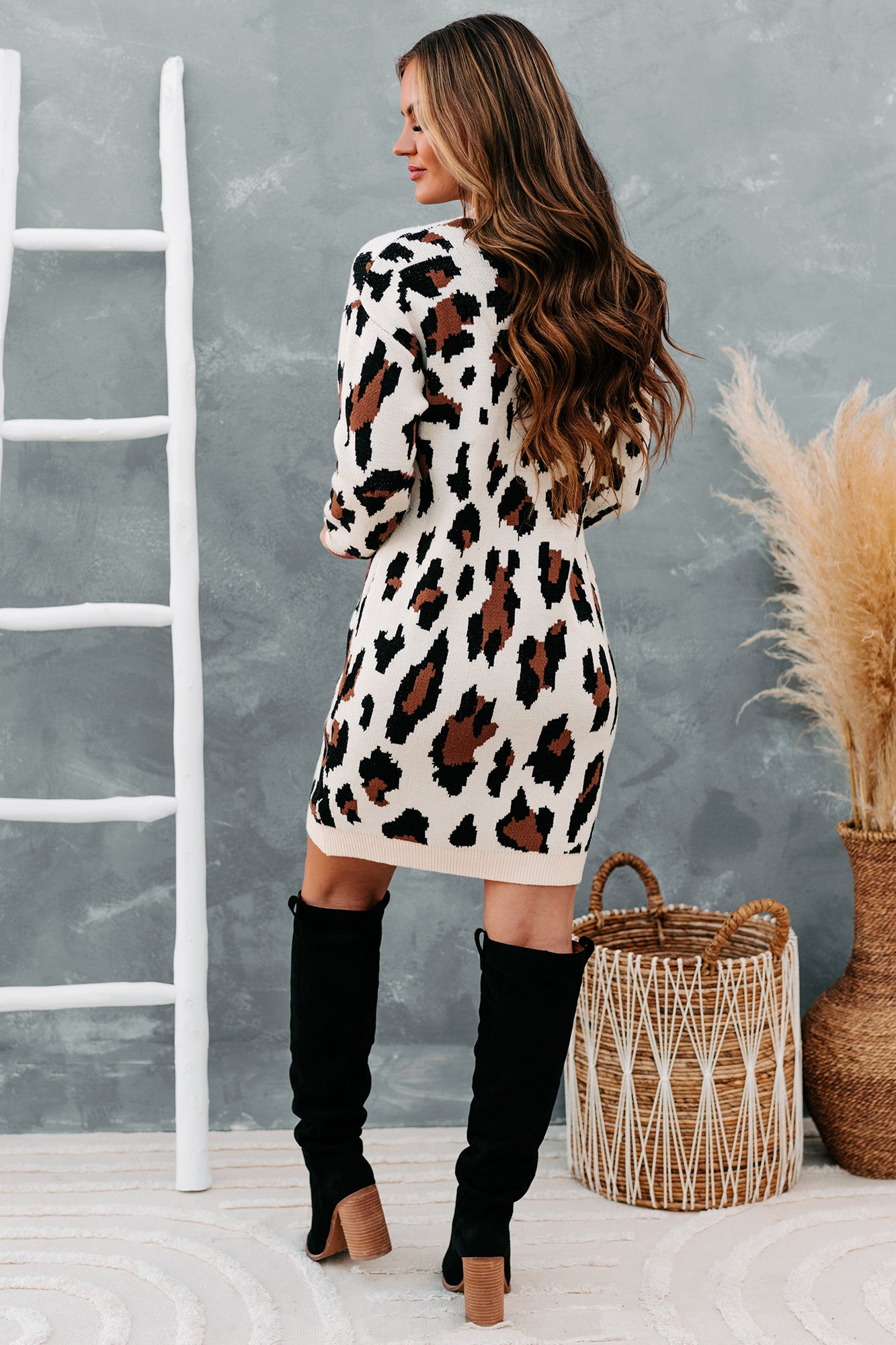 Cattitude Adjustment Leopard Print Sweater Dress (Cream Multi)-The Formal Wear