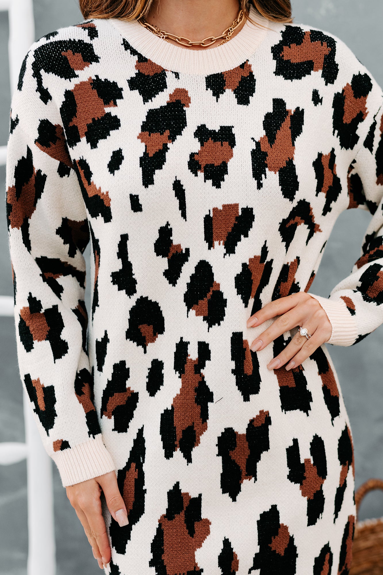 Cattitude Adjustment Leopard Print Sweater Dress (Cream Multi)-The Formal Wear