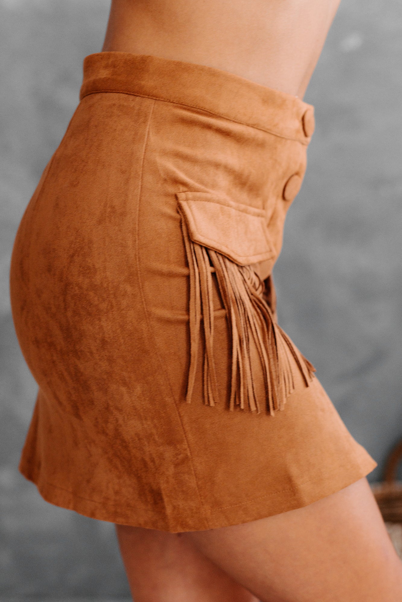 Rodeo Queen Faux Suede Fringe Mini Skirt (Camel)-The Formal Wear