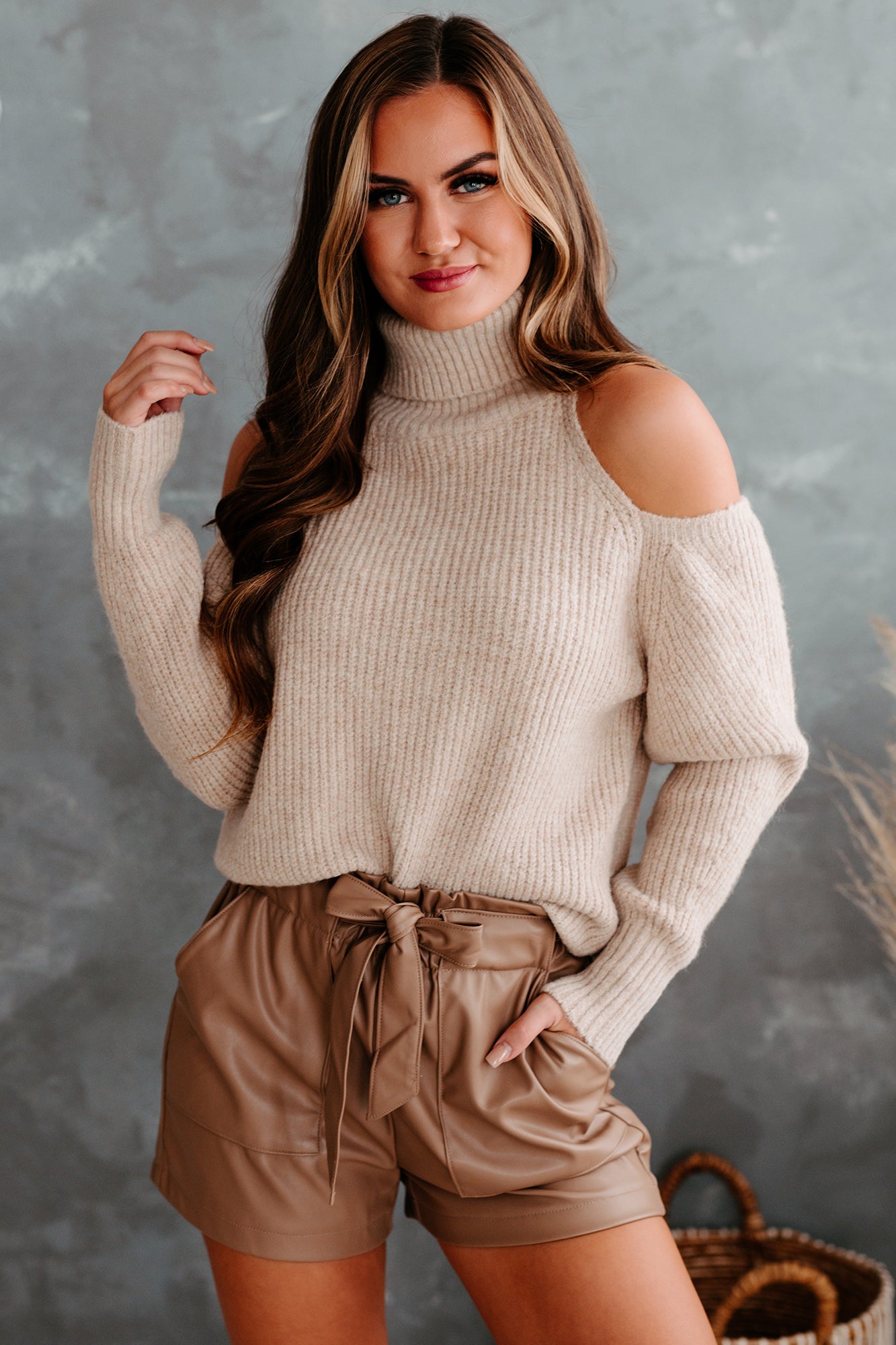 Brisk Mornings Cold Shoulder Turtle Neck Sweater (Oatmeal)-The Formal Wear