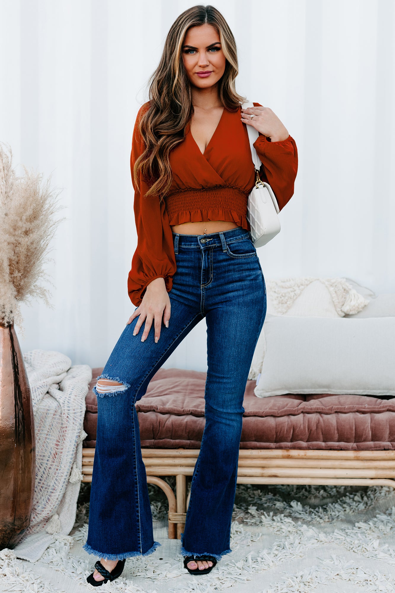 Solo Performance Sneak Peek High Rise Frayed Hem Flare Jeans (Medium Dark)-The Formal Wear