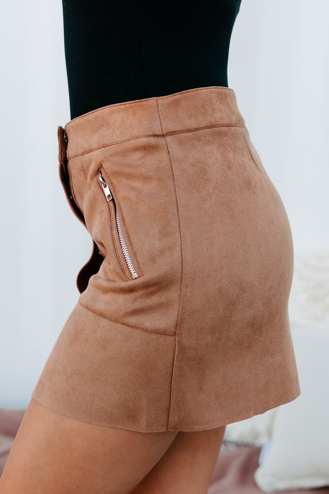 Contagiously Happy Button-Front Faux Suede Mini Skirt (Camel)-The Formal Wear