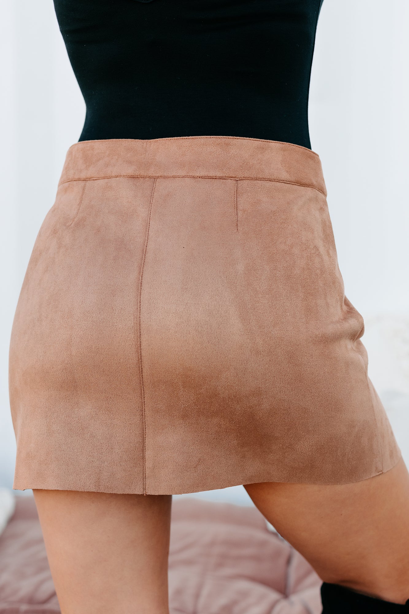 Contagiously Happy Button-Front Faux Suede Mini Skirt (Camel)-The Formal Wear