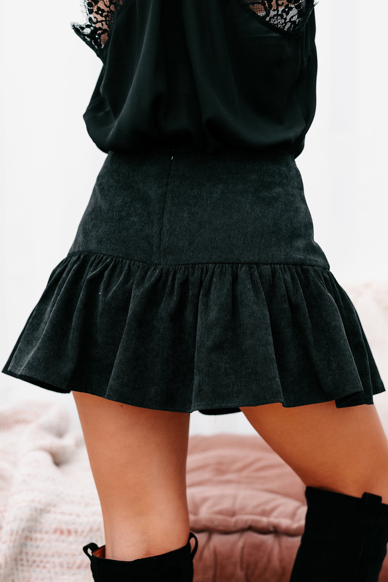 Sass In The City Corduroy Ruffled Mini Skort (Black)-The Formal Wear