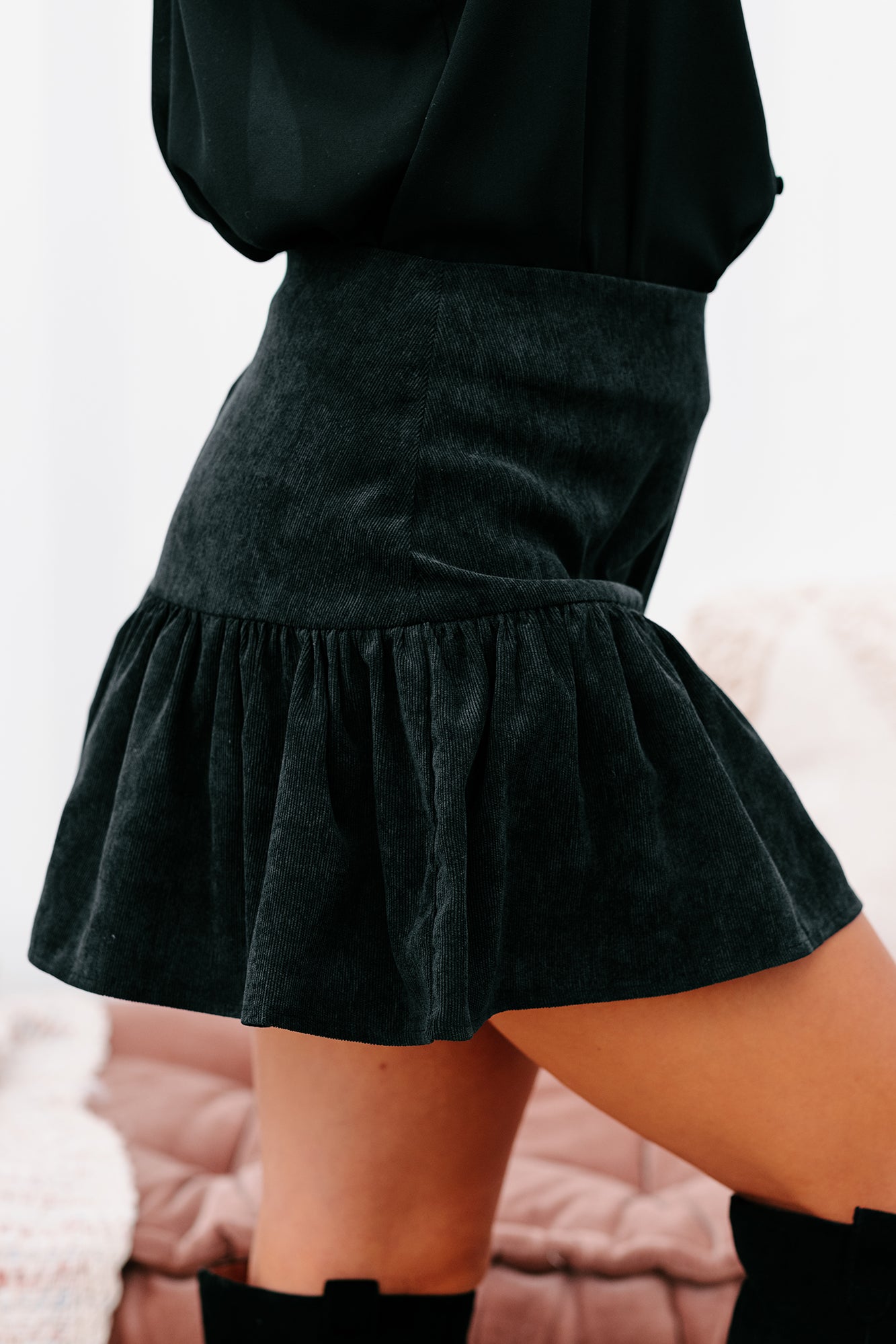 Sass In The City Corduroy Ruffled Mini Skort (Black)-The Formal Wear