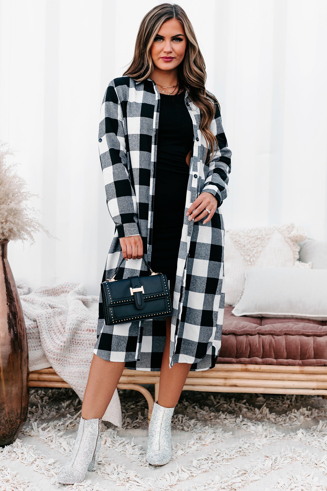 Milo Plaid Button Down Duster Cardigan (Off White/Black)-The Formal Wear