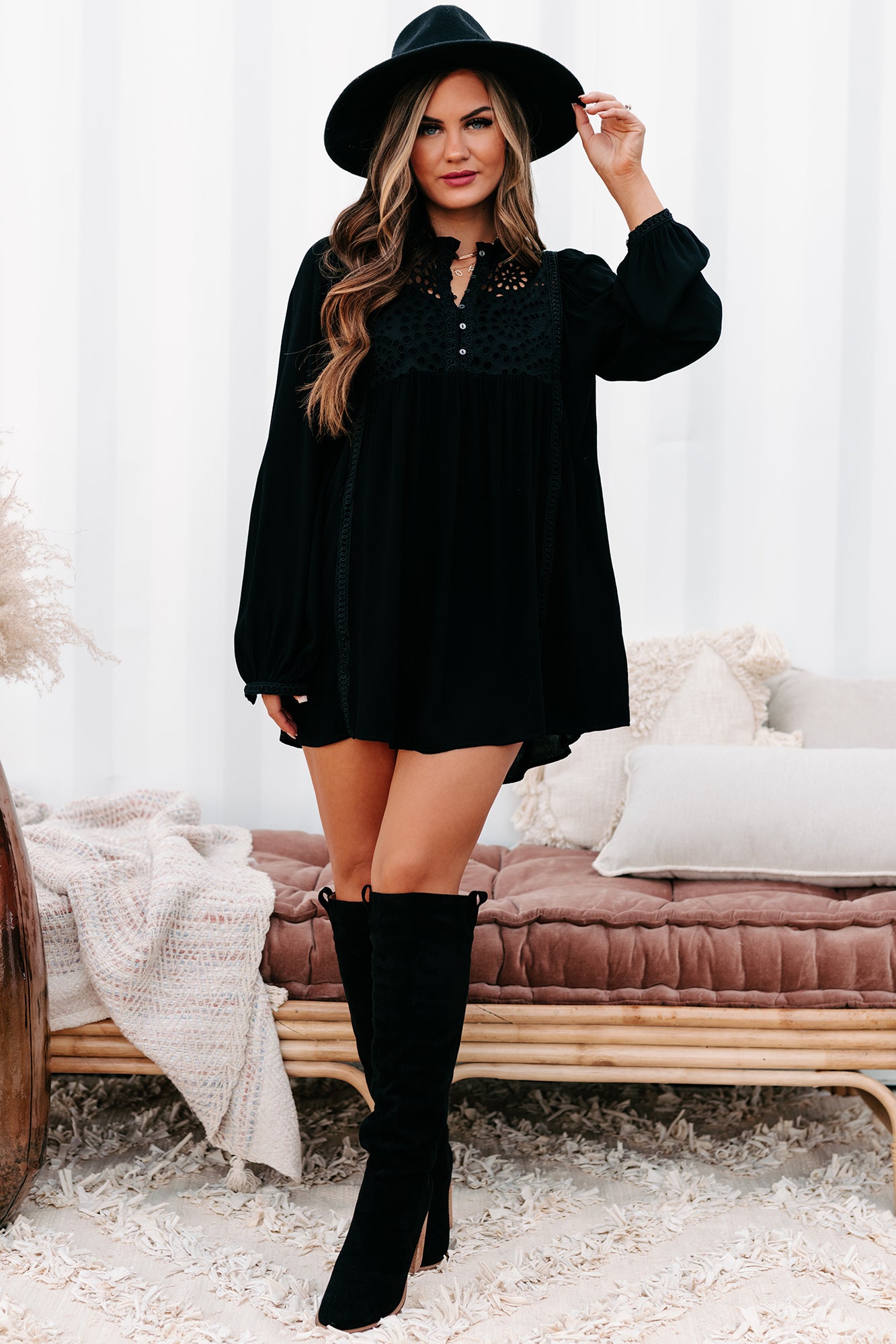 Afternoon Abroad Long Sleeved Eyelet Tunic/Dress (Black)-The Formal Wear