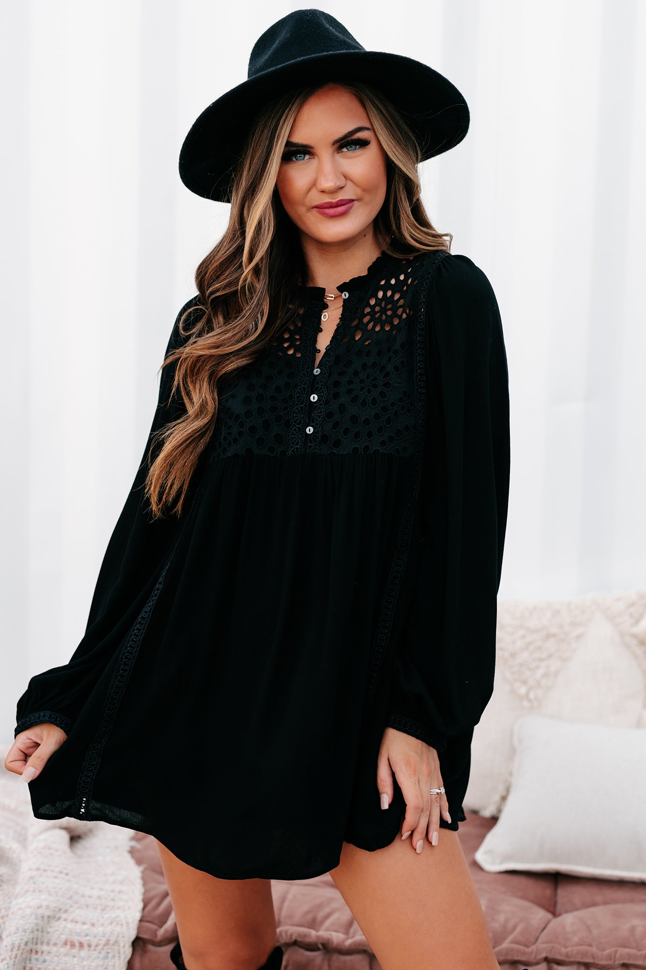 Afternoon Abroad Long Sleeved Eyelet Tunic/Dress (Black)-The Formal Wear