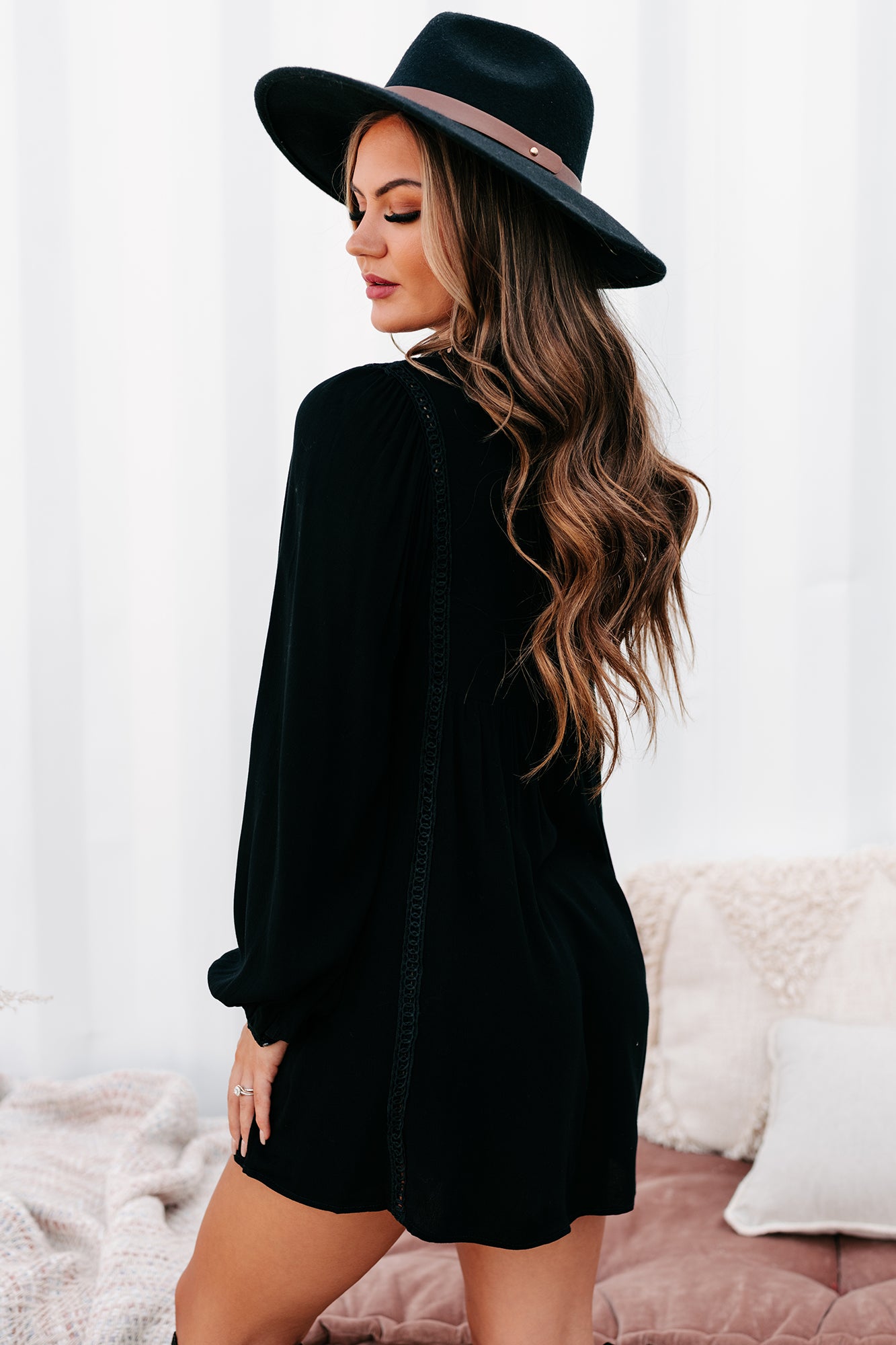 Afternoon Abroad Long Sleeved Eyelet Tunic/Dress (Black)-The Formal Wear