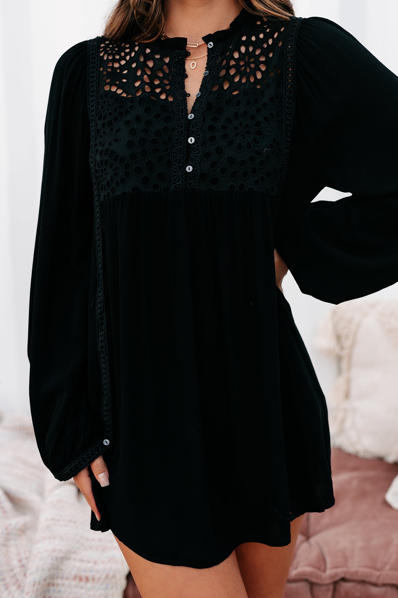 Afternoon Abroad Long Sleeved Eyelet Tunic/Dress (Black)-The Formal Wear