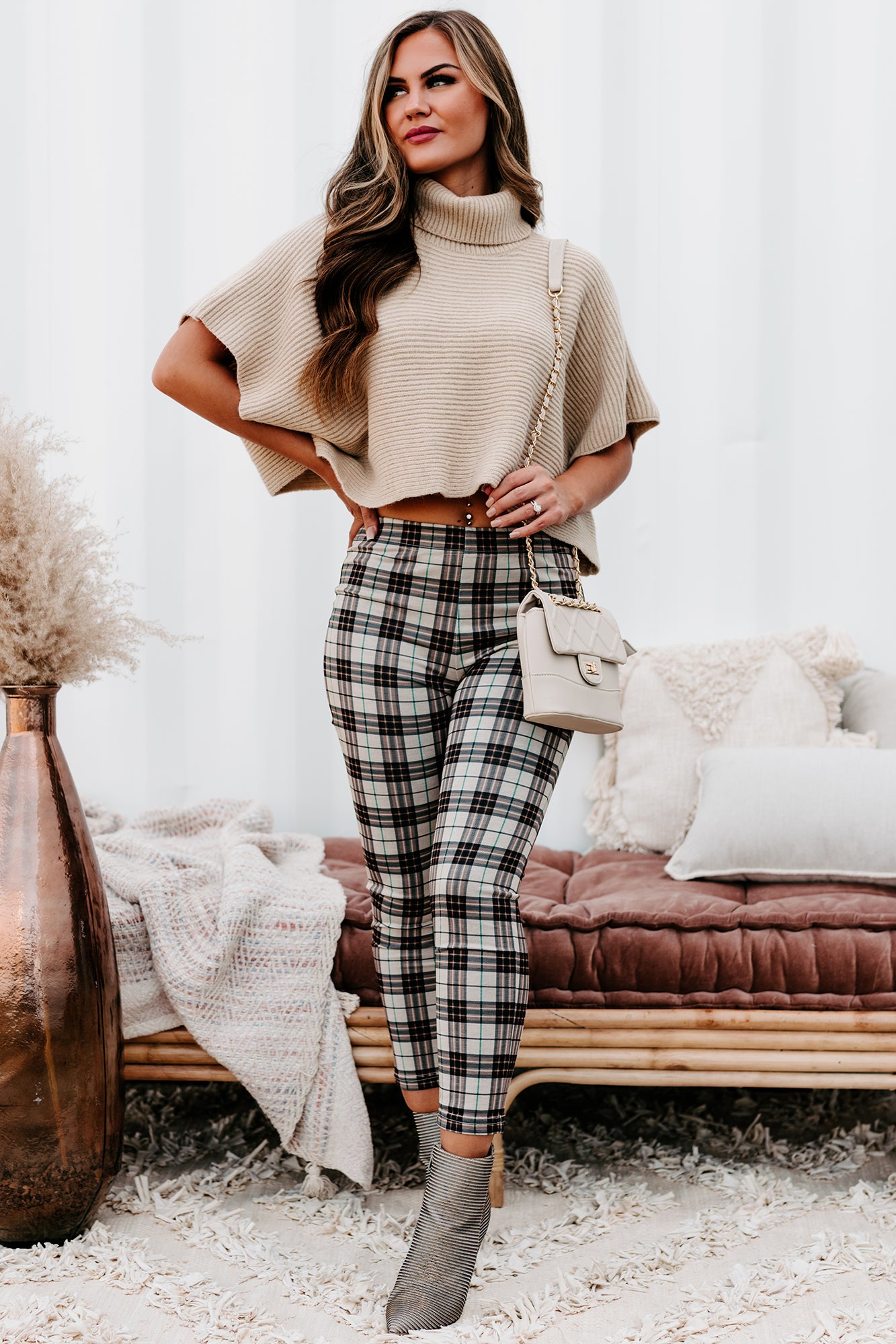 Pressed For Plaid High Waisted Plaid Leggings (Beige)-The Formal Wear