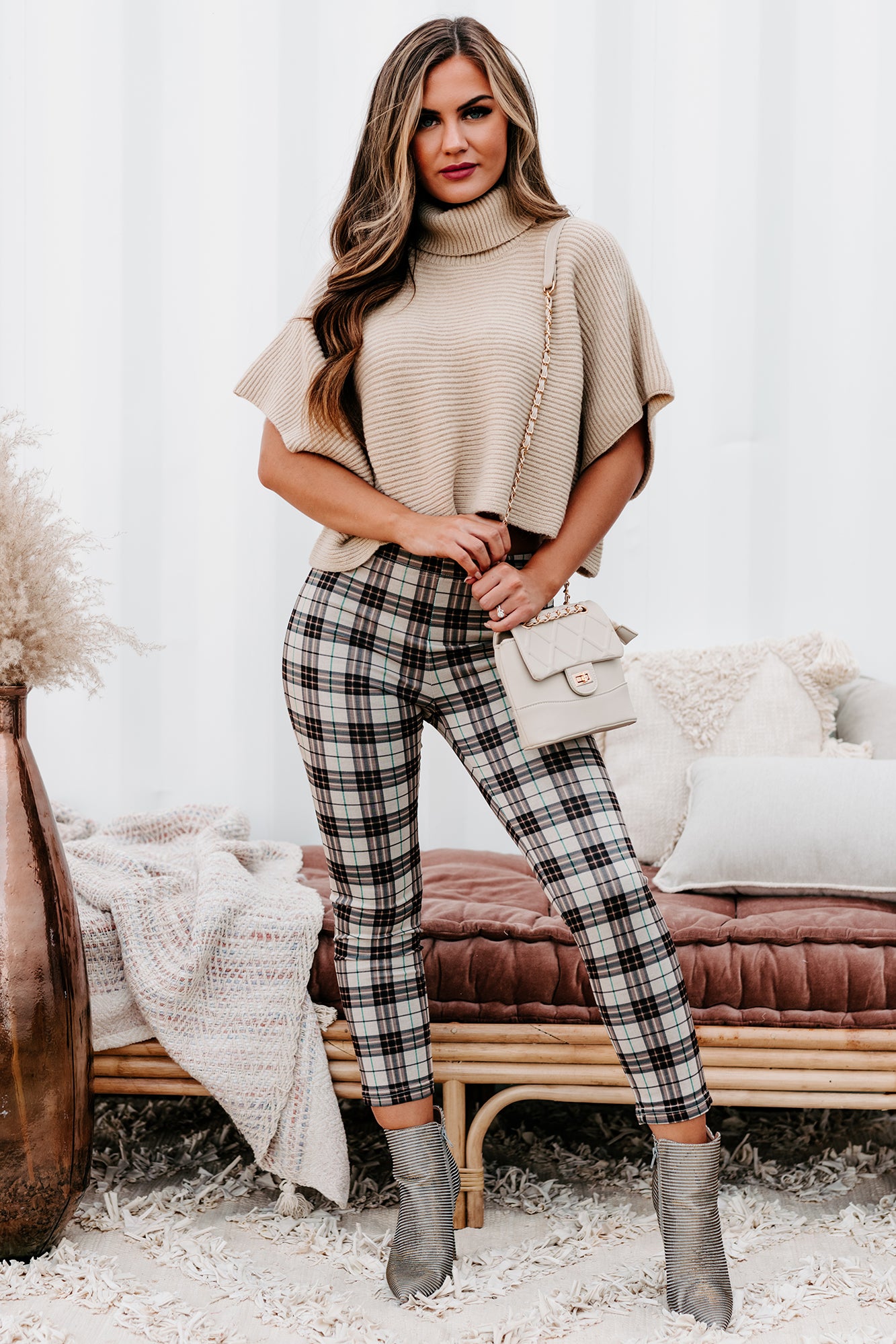 Pressed For Plaid High Waisted Plaid Leggings (Beige)-The Formal Wear