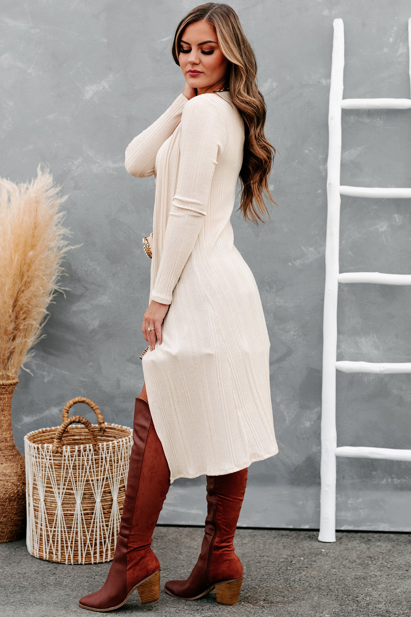 Mutually Exclusive Ribbed Tank Top & Duster Set (Oatmeal)-The Formal Wear